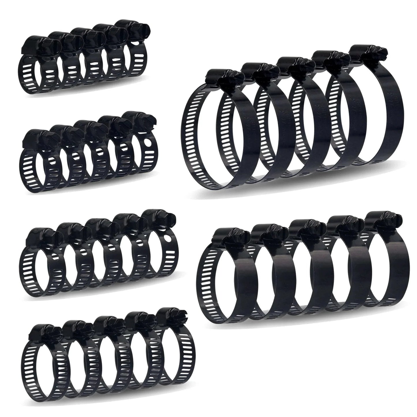 30 Pieces Black Hose Clamps Set With 6 To 51 Millimeters Adjustable Range 304 Stainless Steel Worm Gear Hose Clamps Assortment Kit Six Sizes For Plumbing Automotive And Mechanical Applications displayed in various sizes.