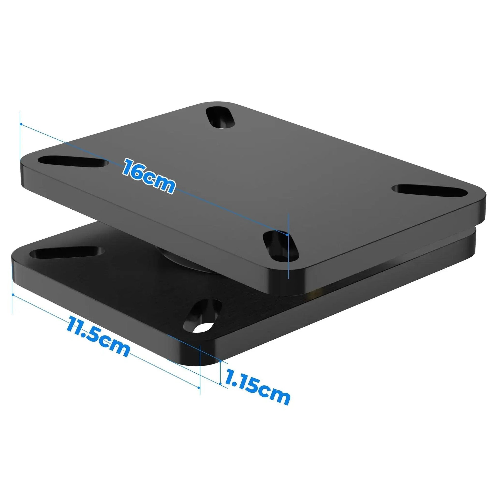 Greaseable 5000 Lb Rating Heavy Duty Bearing Plate Turntable, black steel platform, size dimensions visible, kingpinless design.