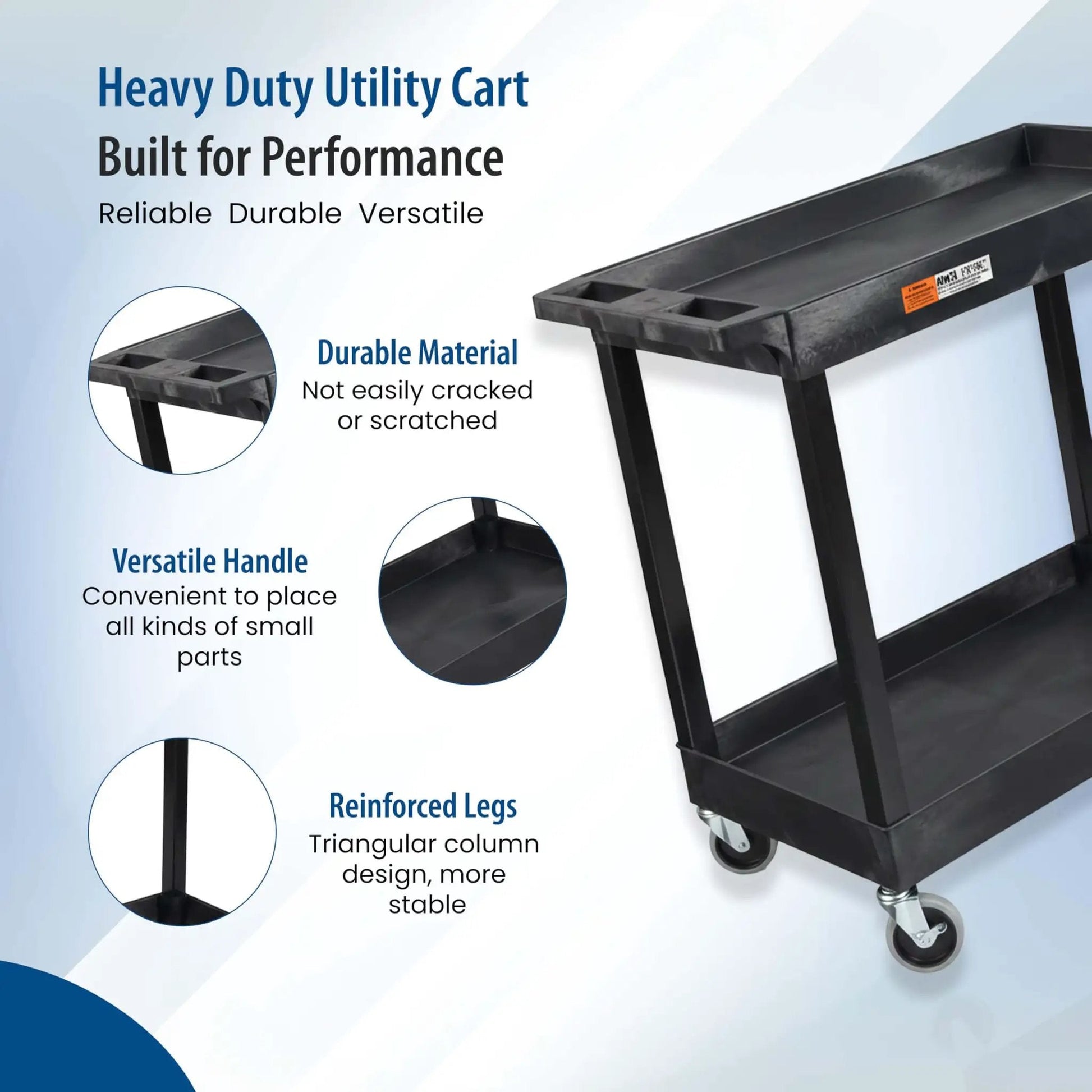 32 Inch Tub Storage Cart With Two Shelves Black Built For Maximum Capacity Ergonomic Top Handle And Super Handy Maneuver Four Swivel Casters With Two Locking Brakes Molded Plastic Shelves And Legs Won't Stain Scratch Dent Or Rust
