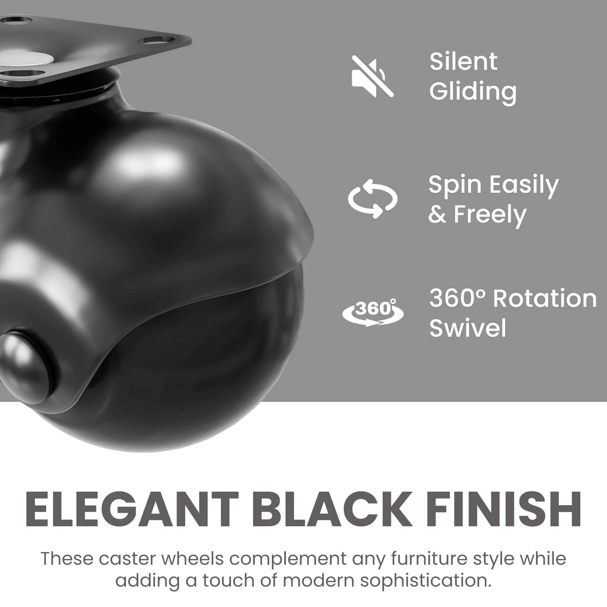Close-up of 2 Inch Caster Wheels for Furniture Set of 4 Heavy Duty Swivel Plate Casters, black polypropylene with steel plates.