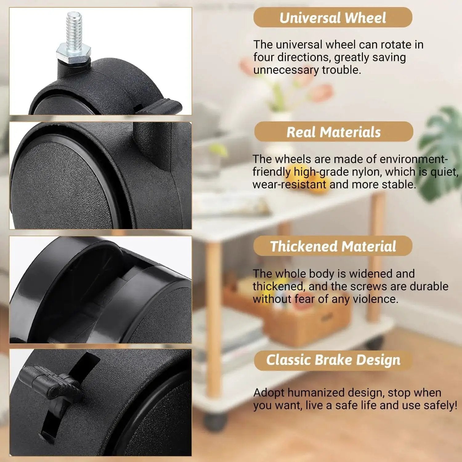 4 Pcs 1.5 Inch Swivel Caster Wheels With Locking Brake M8 Threaded Stem Replacement Casters for mobility and secure locking, material details.