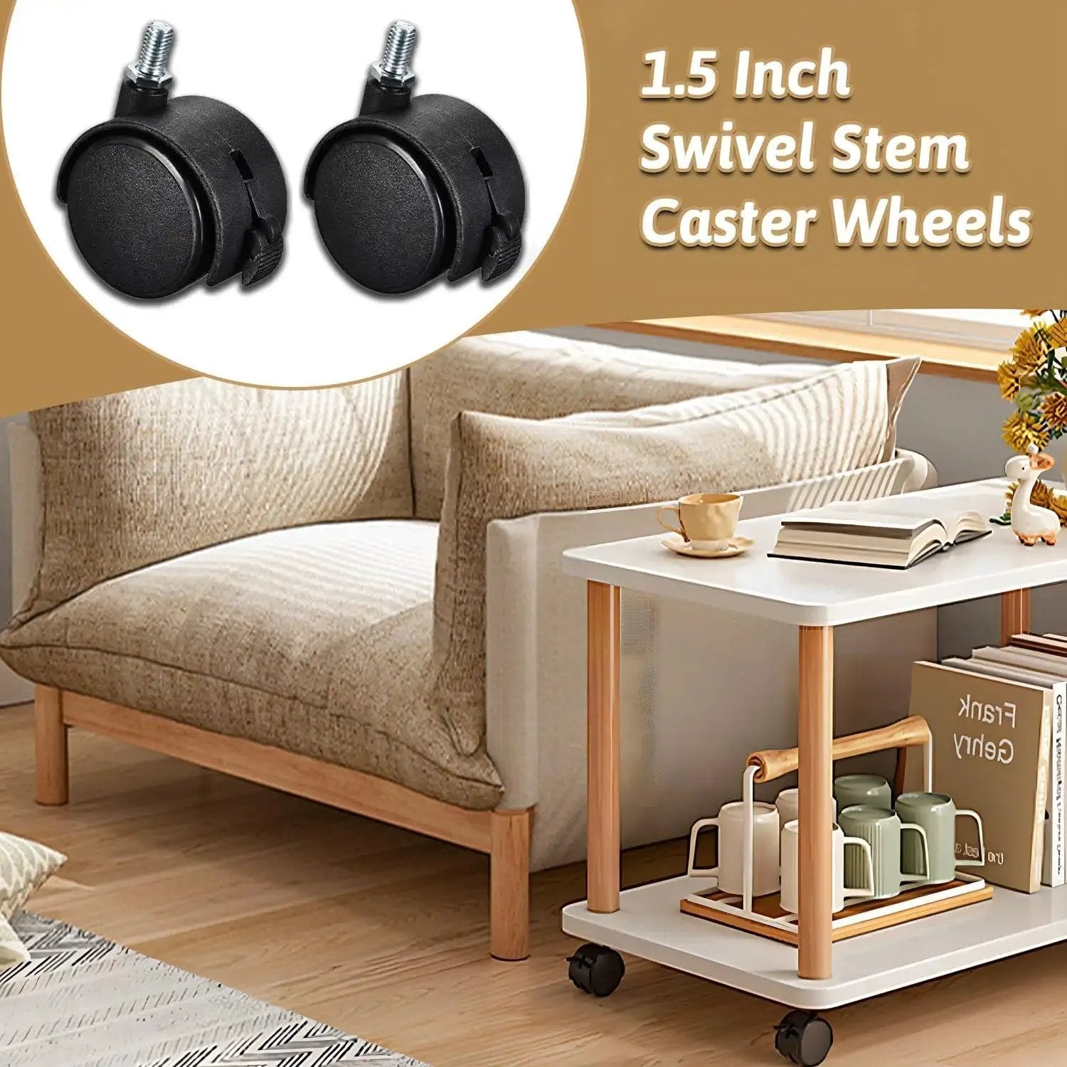 4 Pcs 1.5 Inch Swivel Caster Wheels With Locking Brake M8 Threaded Stem Replacement Casters for Seats Shelves Shopping Baskets