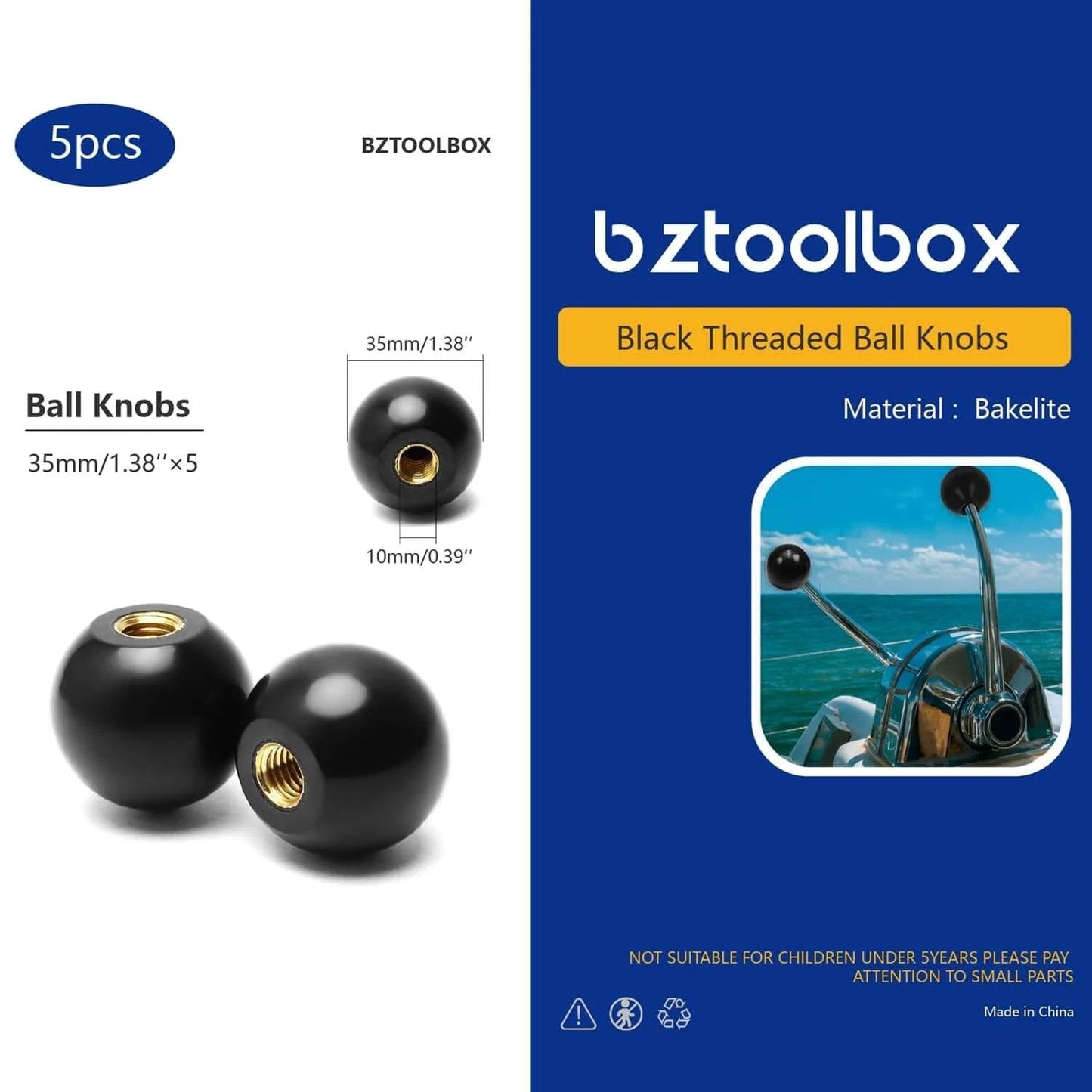 Five Pack 3/8-16 Threaded Ball Knobs For Lawn Mowers 1-3/8 Inch Diameter Bakelite Thermoset Handle Black