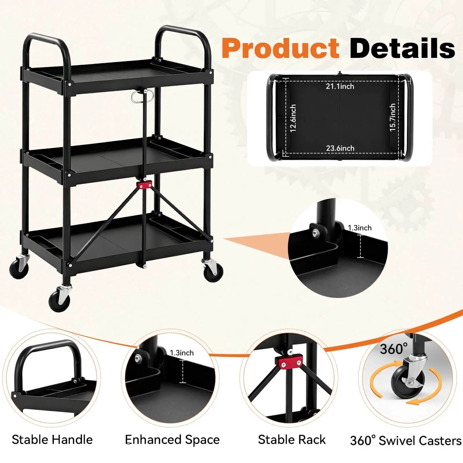 Heavy Duty Three Tier Folding Utility Cart With Four Swivel Wheels And Brakes For Kitchen Office Garage And Garden, 120 Lbs Capacity, Collapsible Rolling Storage Cart, Black From DUMOS
