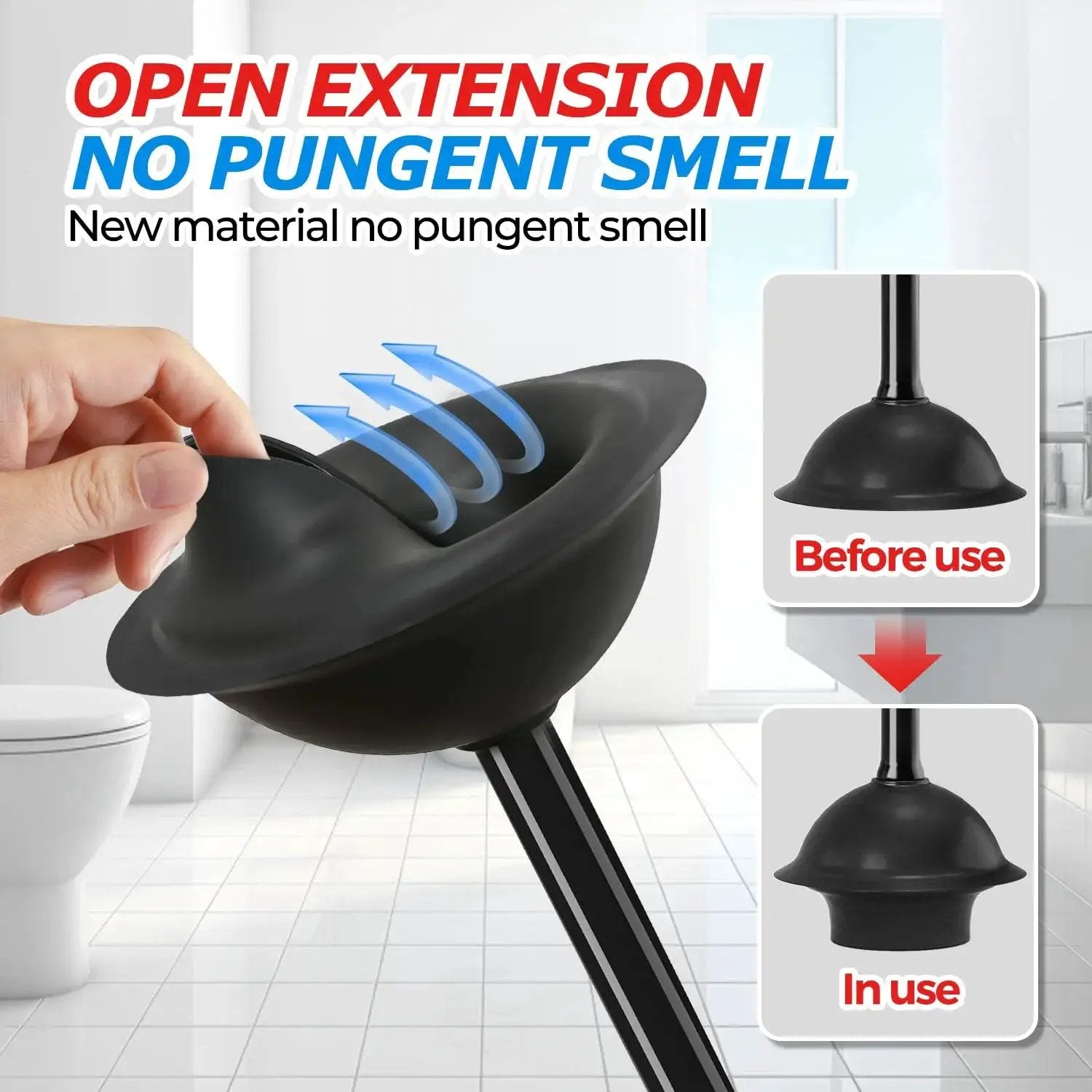 Hand holding powerful toilet plunger with holder, showcasing double layer seal delivering ultra tight drain grip, black 19-inch.