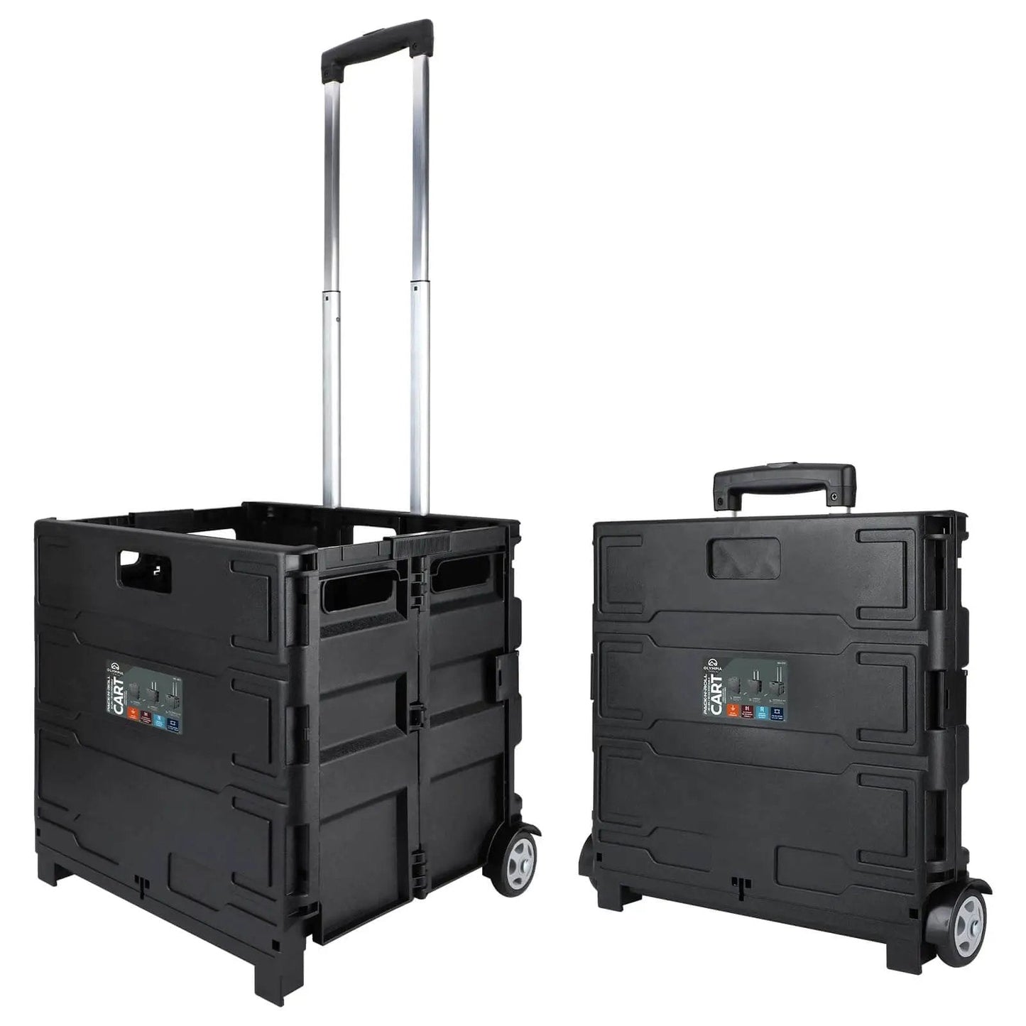 Grand Pack-N-Roll Portable Tools Carrier With Telescopic Handle 39.5 Inch Extension 80 Lb Load Black Workhorse Tote Cart For Job Sites Travel Home And Garden 2025 Version By Olympia Tools, shown open and folded