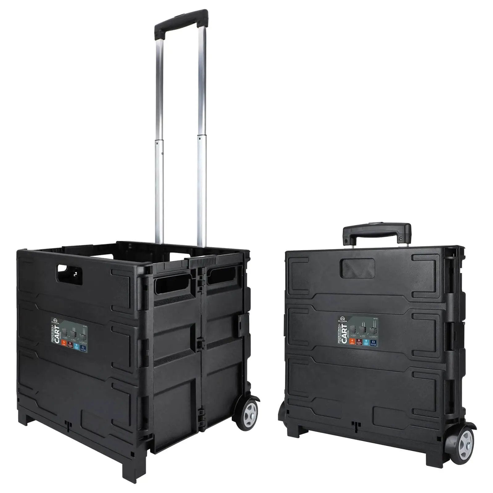 Grand Pack-N-Roll Portable Tools Carrier With Telescopic Handle 39.5 Inch Extension 80 Lb Load Black Workhorse Tote Cart For Job Sites Travel Home And Garden 2025 Version By Olympia Tools, shown open and folded