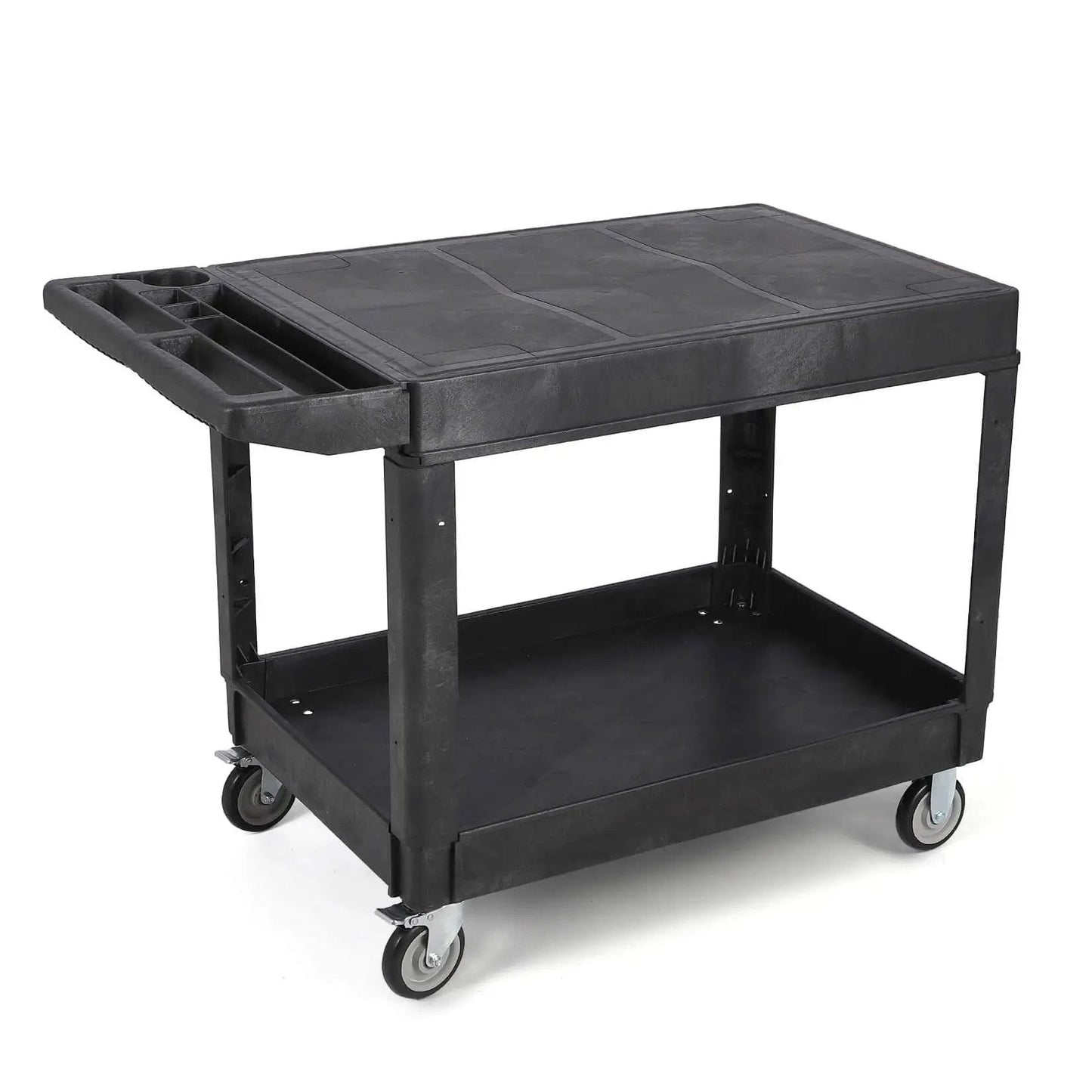 Beefy Heavy Duty Plastic Utility Cart With Flat Top And Two Shelves, 45.87 X 25.2 Inches Work Cart Holds Up To 550 Lbs, 360 Degree Swivel Wheels With Brakes