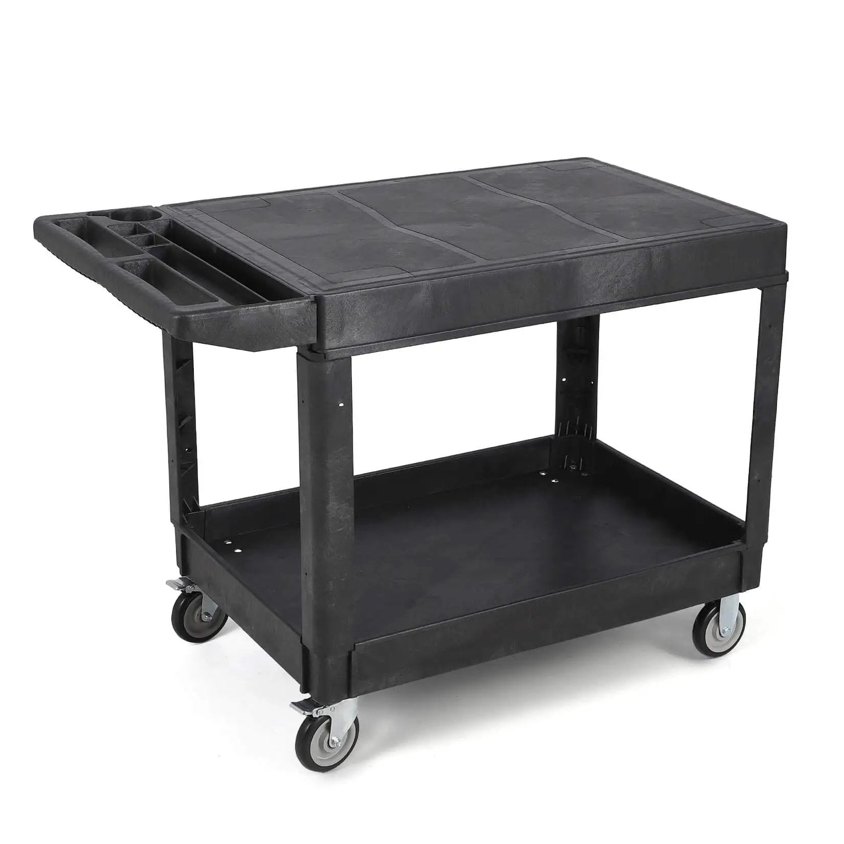 Beefy Heavy Duty Plastic Utility Cart With Flat Top And Two Shelves, 45.87 X 25.2 Inches Work Cart Holds Up To 550 Lbs, 360 Degree Swivel Wheels With Brakes