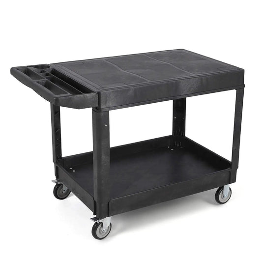 Beefy Heavy Duty Plastic Utility Cart With Flat Top And Two Shelves, 45.87 X 25.2 Inches Work Cart Holds Up To 550 Lbs, 360 Degree Swivel Wheels With Brakes