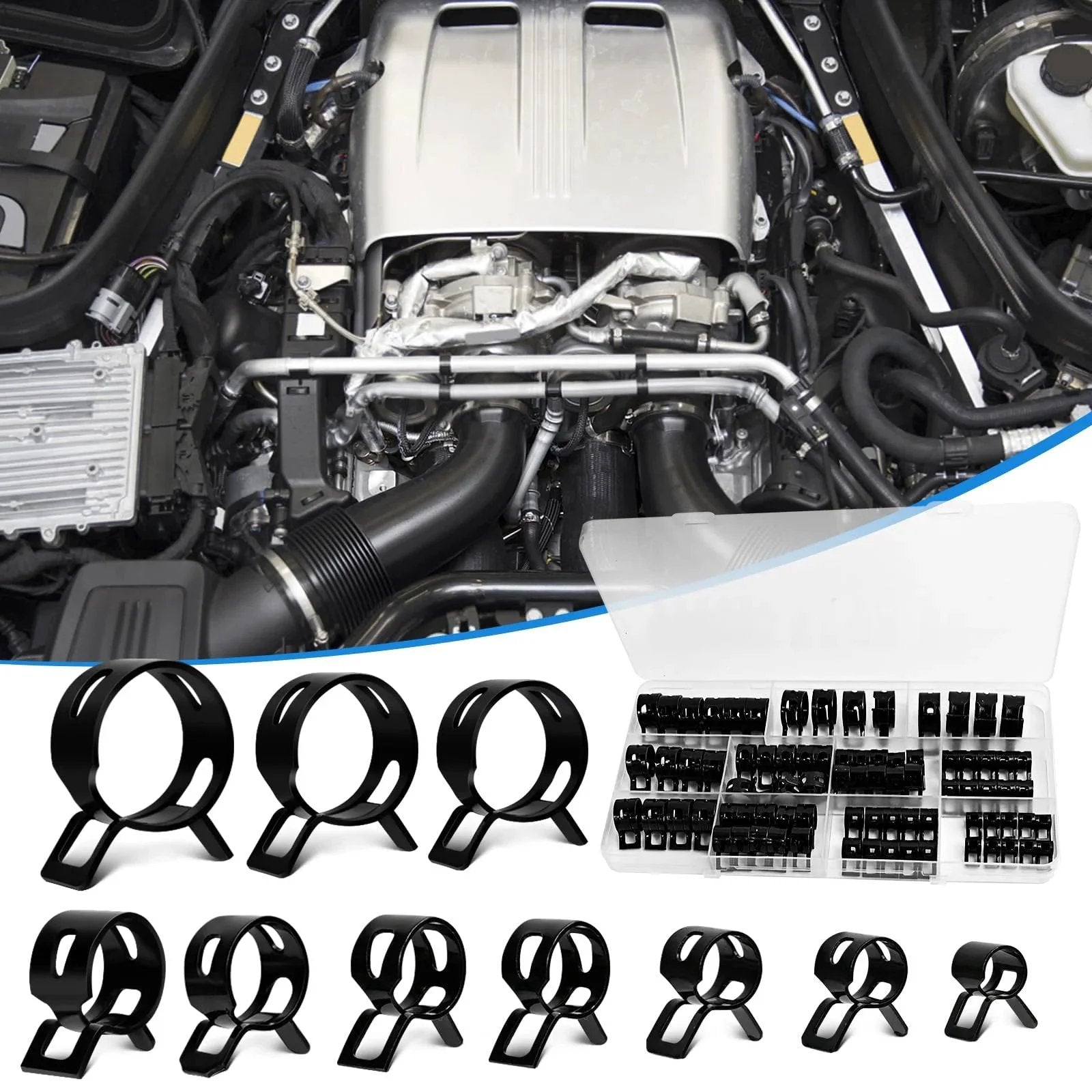 80 Pieces Vacuum Hose Clamps Assortment Kit for 6mm to 18mm Silicone Tubing, shown in packaging and examples on engine