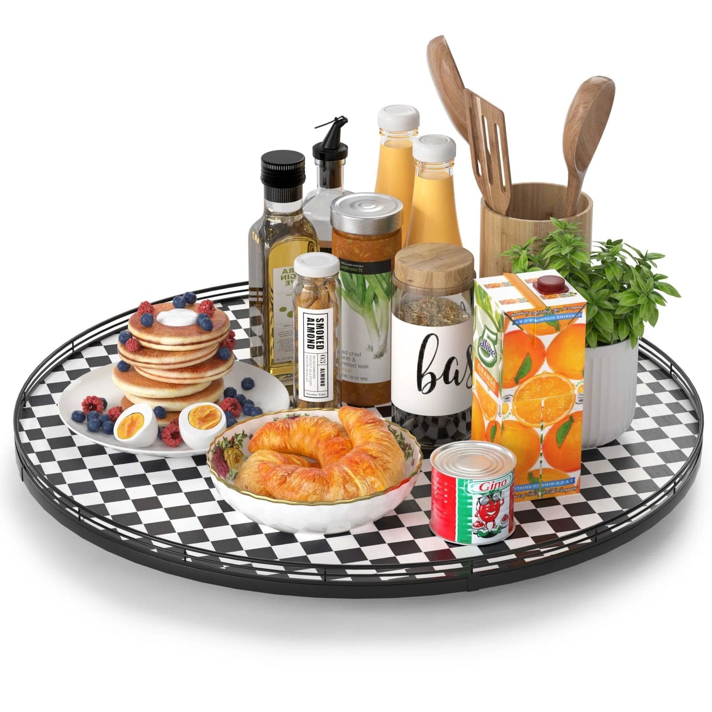24 Inch Black and White French Look Kitchen Lazy Susan Turntable Round Checkered Decorative Tray with Solid Wood Base and Iron Frame for Dining Table Centerpiece Pantry Countertop Bathroom Cupboard and Home Decor