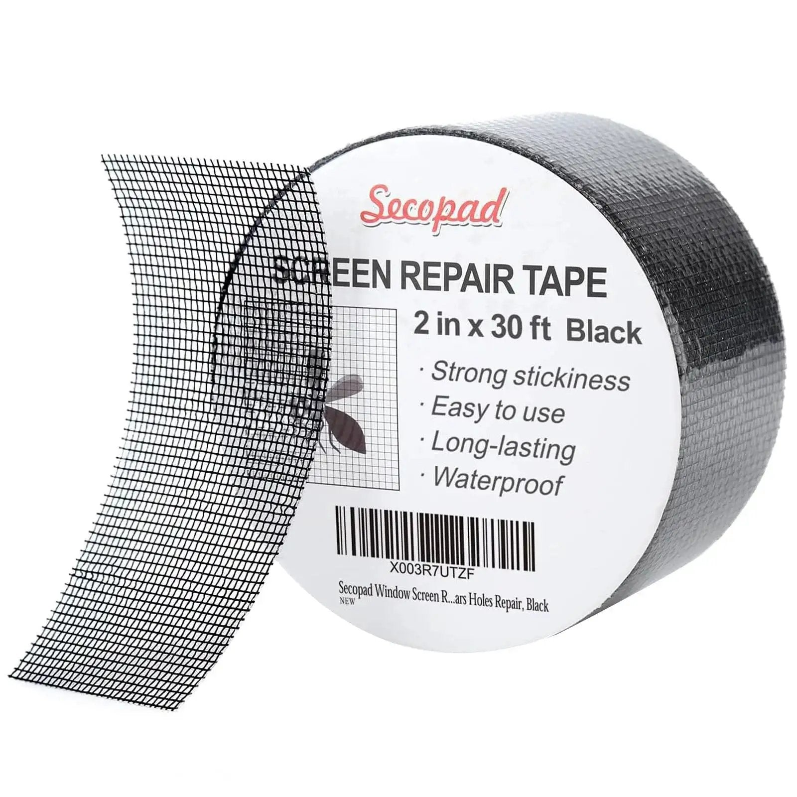 Black Window Screen Repair Tape 2 Inch By 30 Foot Fiberglass Mesh Patch For Windows And Doors with packaging details.