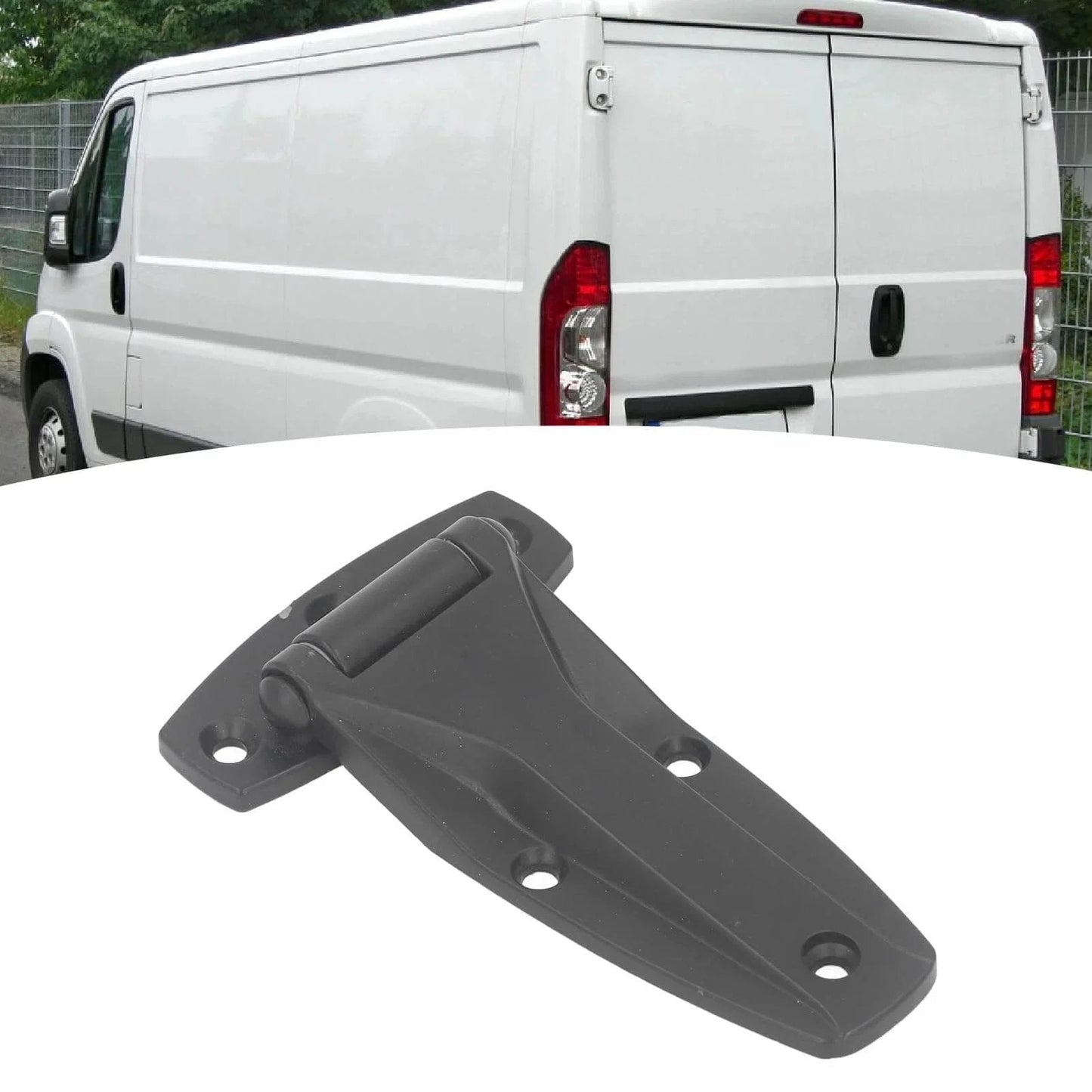 Soft Close Tee Hinge, T Strap Hinge, Zinc Alloy, Black, shown with white van for car door repair and toolbox use