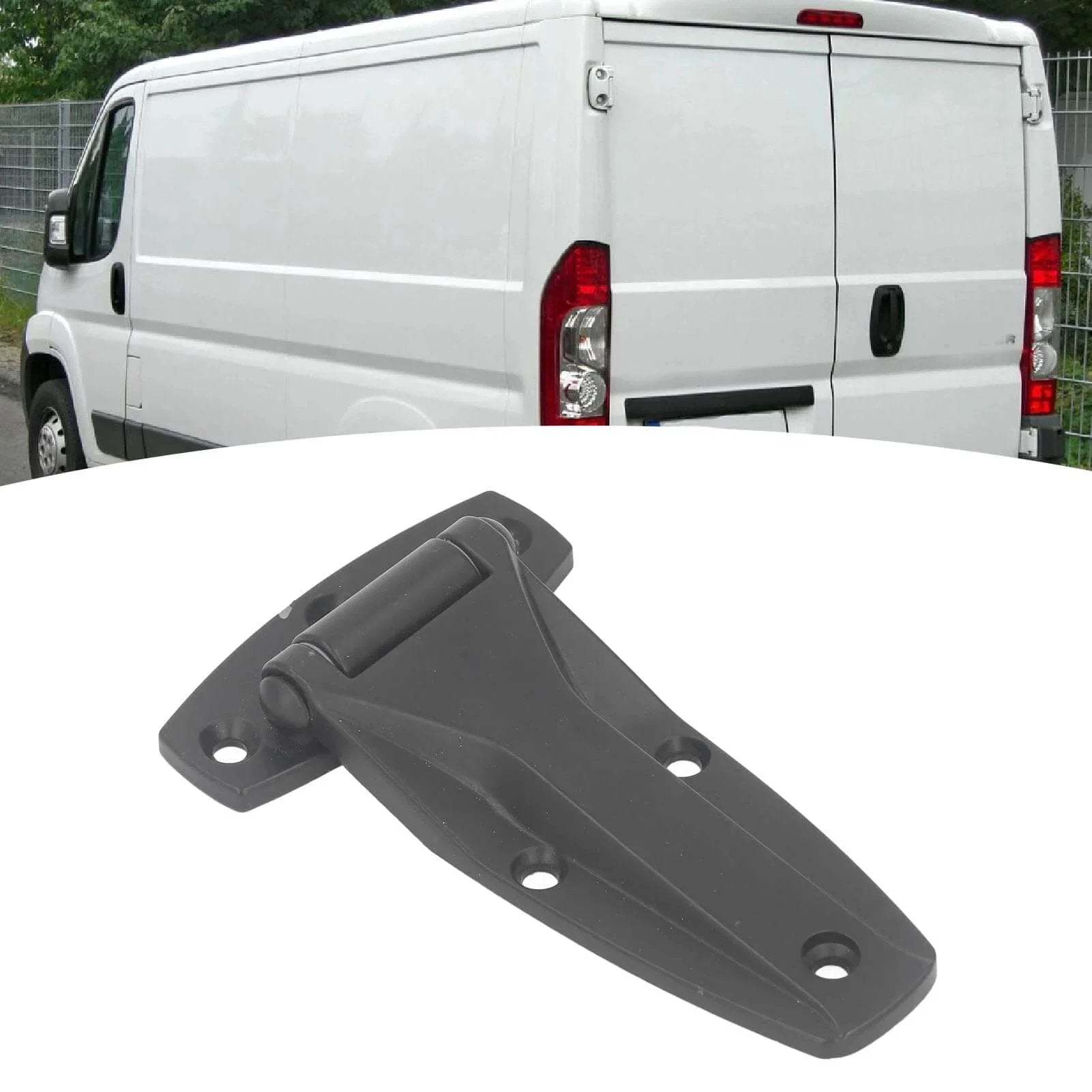 Soft Close Tee Hinge, T Strap Hinge, Zinc Alloy, Black, shown with white van for car door repair and toolbox use