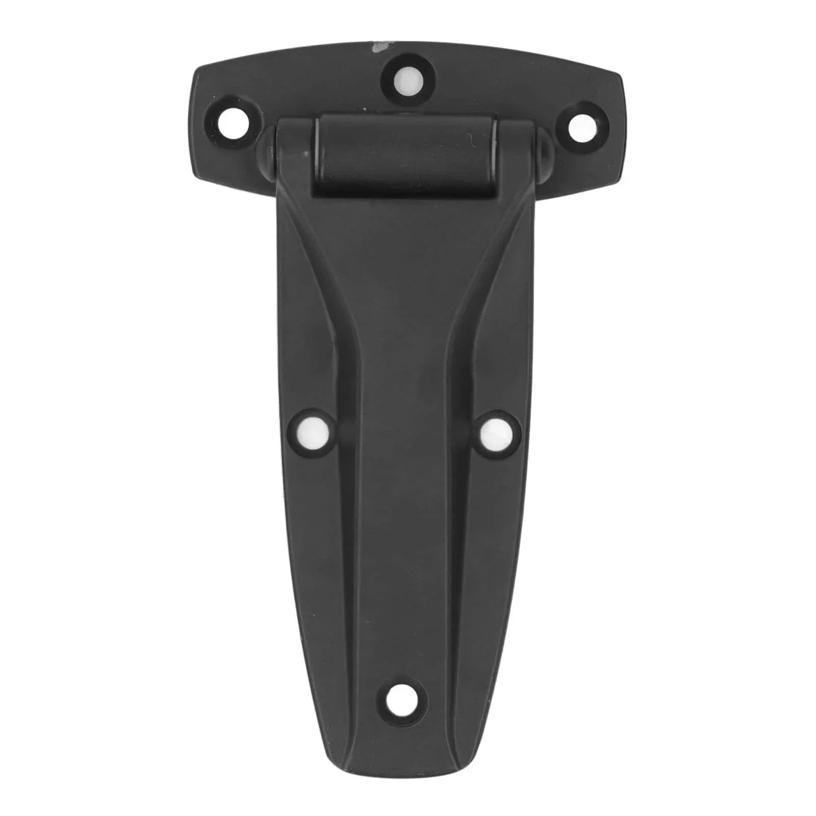 Front view of black zinc alloy Soft Close Tee Hinge for toolbox and car door repair, featuring mounting holes and compact design.