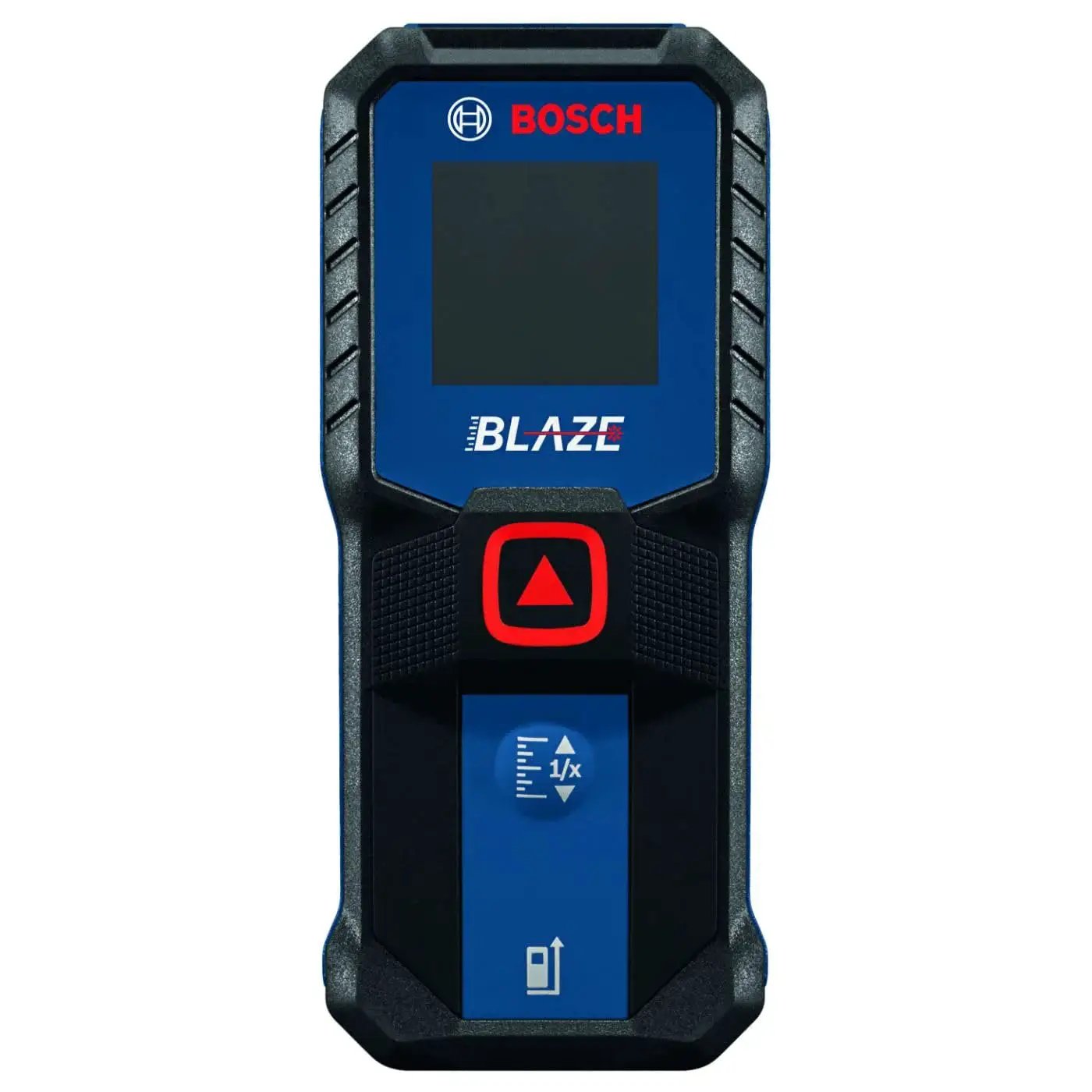 Front view of Blaze laser distance meter with 100 ft range, 1/16 in accuracy, backlit display, for precise room dimensions and layout distances.