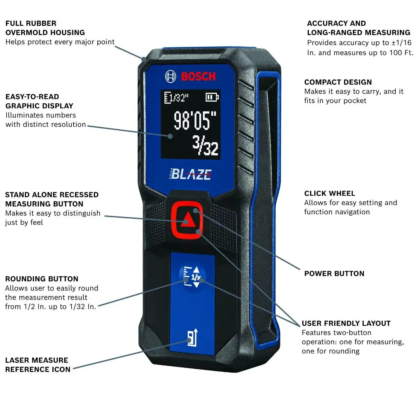 Effortlessly capture precise room dimensions and layout distances with a compact Blaze laser distance meter, delivering 100 ft range, 1/16 in accuracy, a backlit display, and included batteries for reliable, on-the-spot measurements.