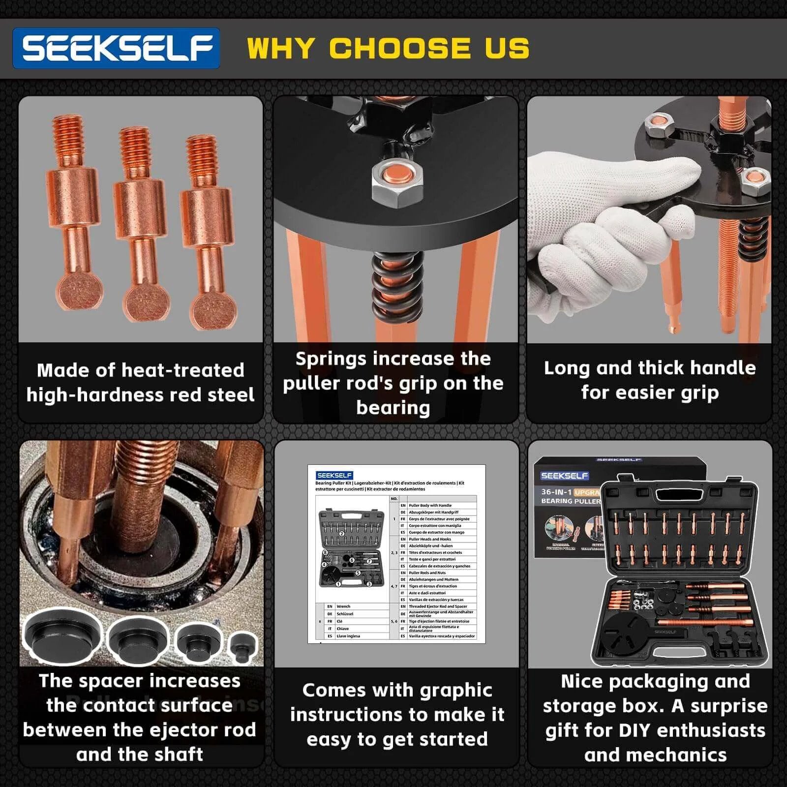 Blind Hole Bearing Puller Kit, 36 in 1 Inner Outer Bearing Separator Set features, packaging, and usage details in black storage box.