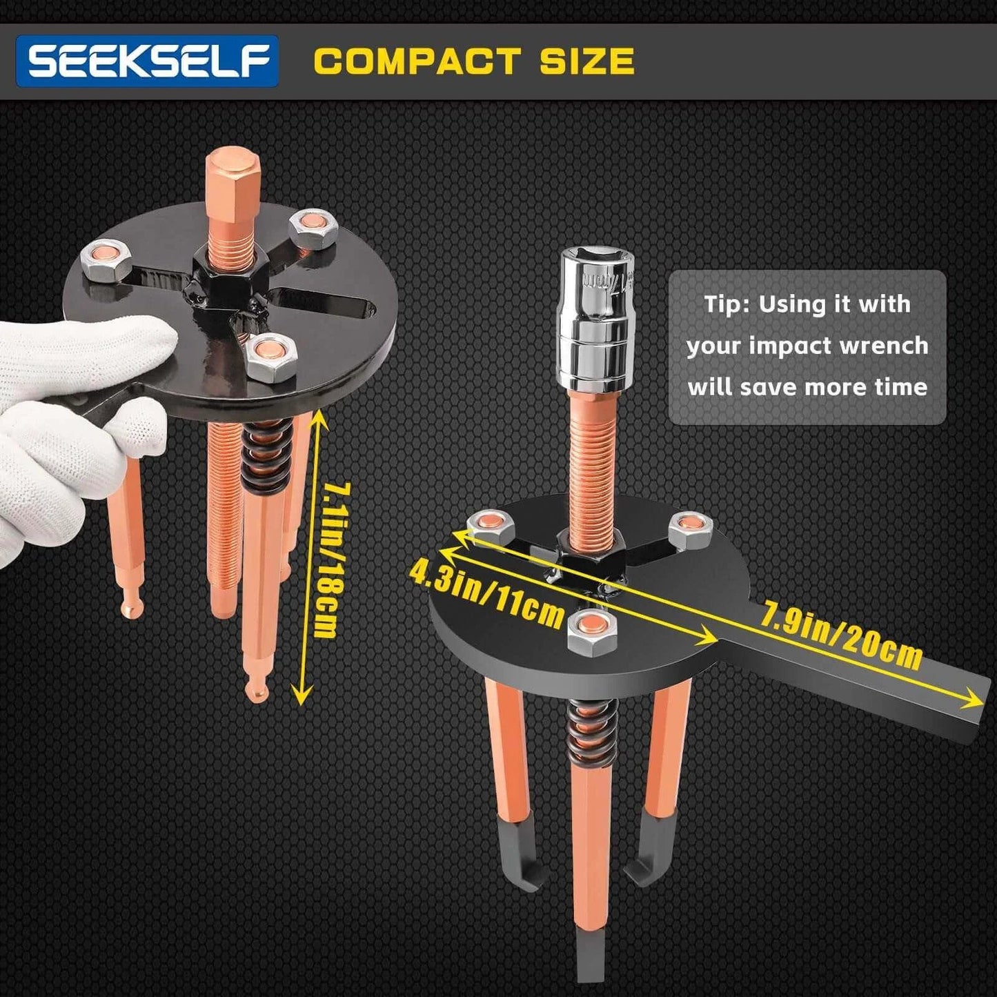 Blind Hole Bearing Puller Kit showing compact size, dimensions, and design for bearing removal, featuring metal claws and black components.