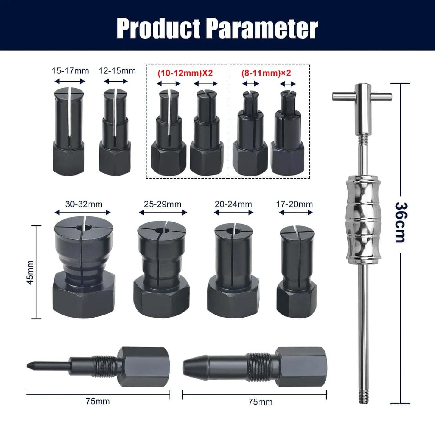 Diagram of 13pcs Blind Hole Collet Bearing Puller Set, Internal Bearing Extractor Puller Kit with various expandable collets.