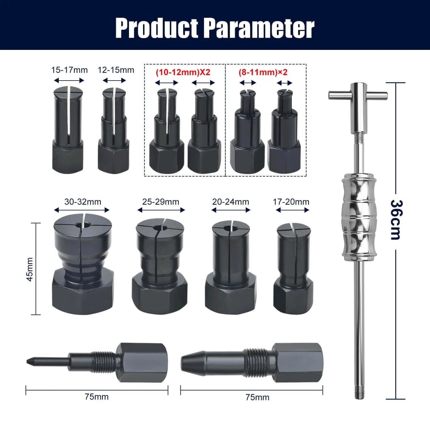 Diagram of 13pcs Blind Hole Collet Bearing Puller Set, Internal Bearing Extractor Puller Kit with various expandable collets.