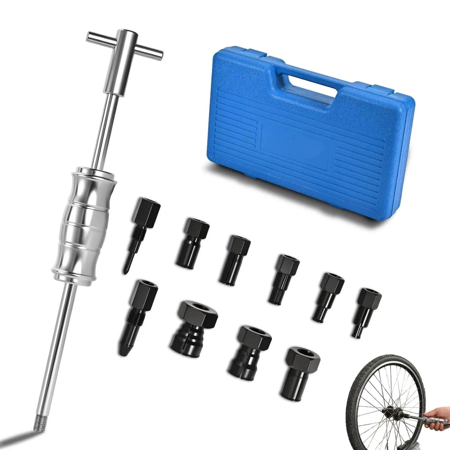 12PCS Blind Hole Bearing Puller Set with Slide Hammer, showing metal extractor parts, blue case, and usage on wheel