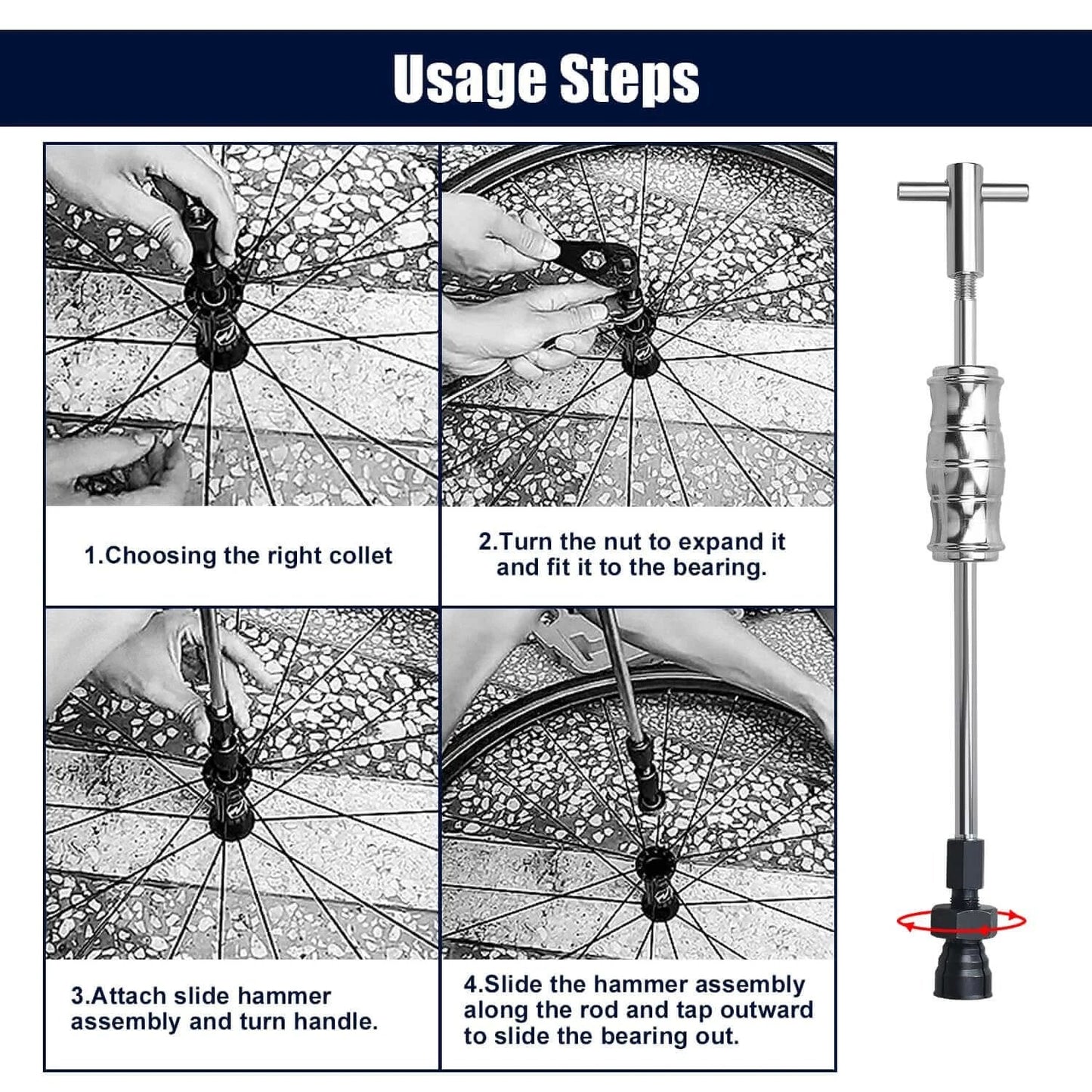 Usage steps for the 12pcs Blind Hole Collet Bearing Puller Set with images showing installation process and slide hammer tool.