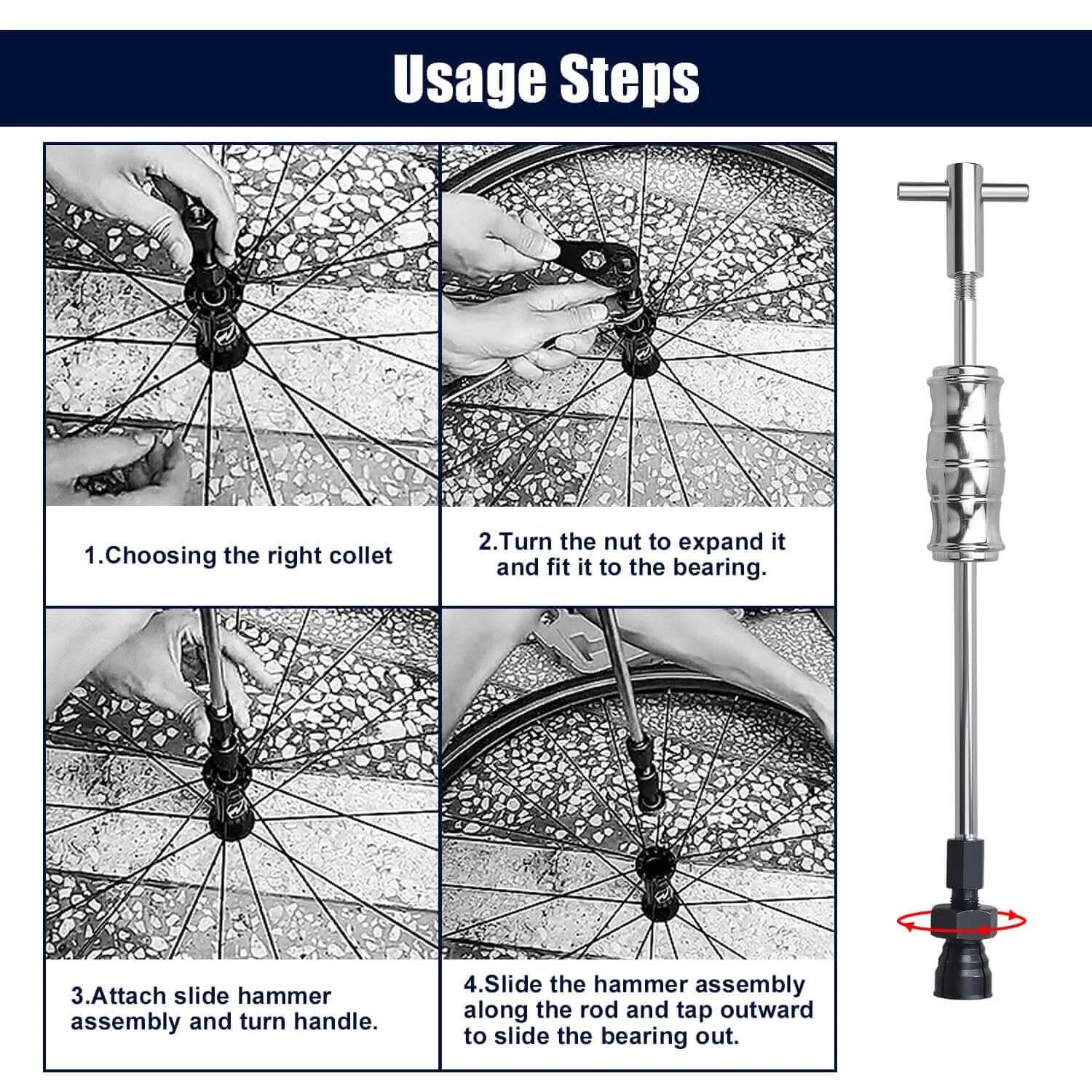 Usage steps for the 12pcs Blind Hole Collet Bearing Puller Set with images showing installation process and slide hammer tool.