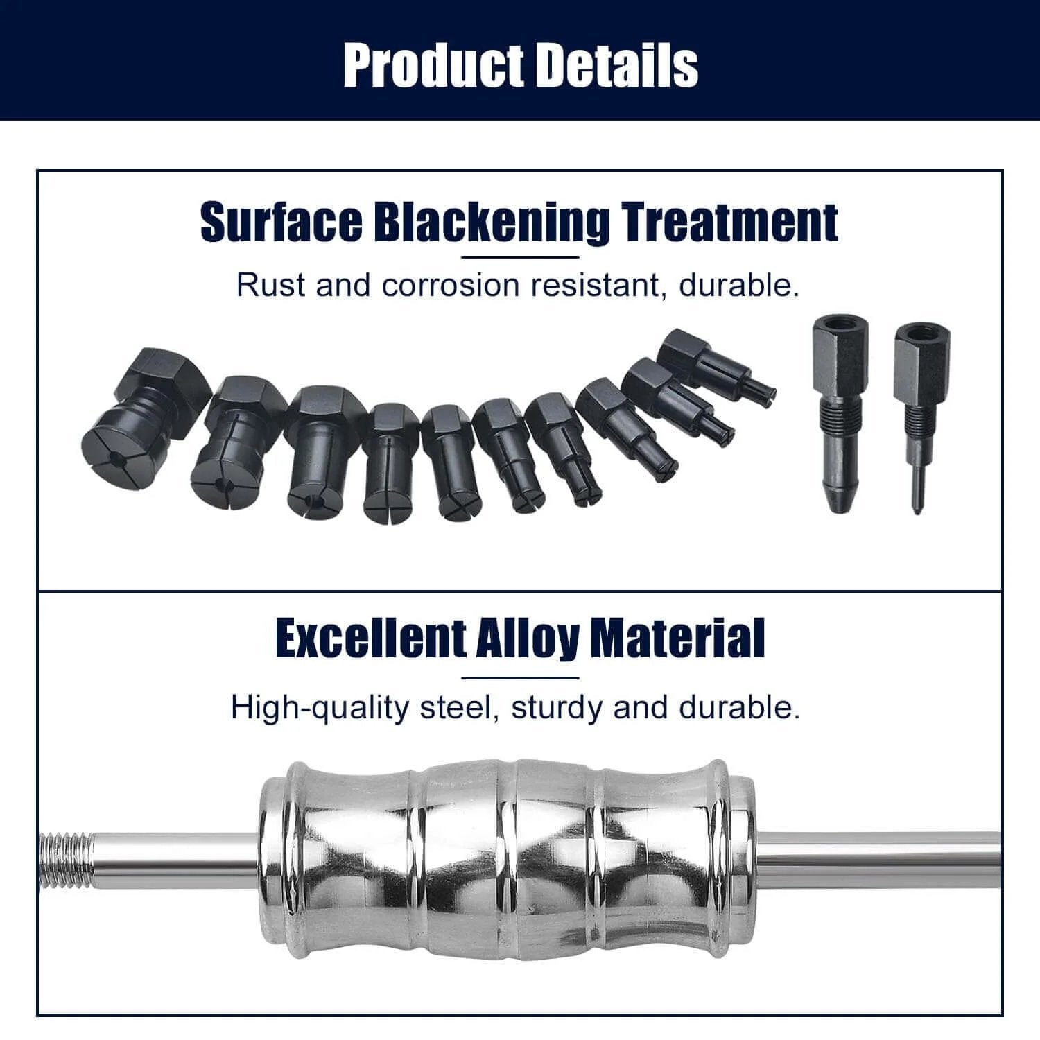 13pcs Blind Hole Collet Bearing Puller Set with slide hammer and expandable collets, rust-resistant alloy material shown in detail
