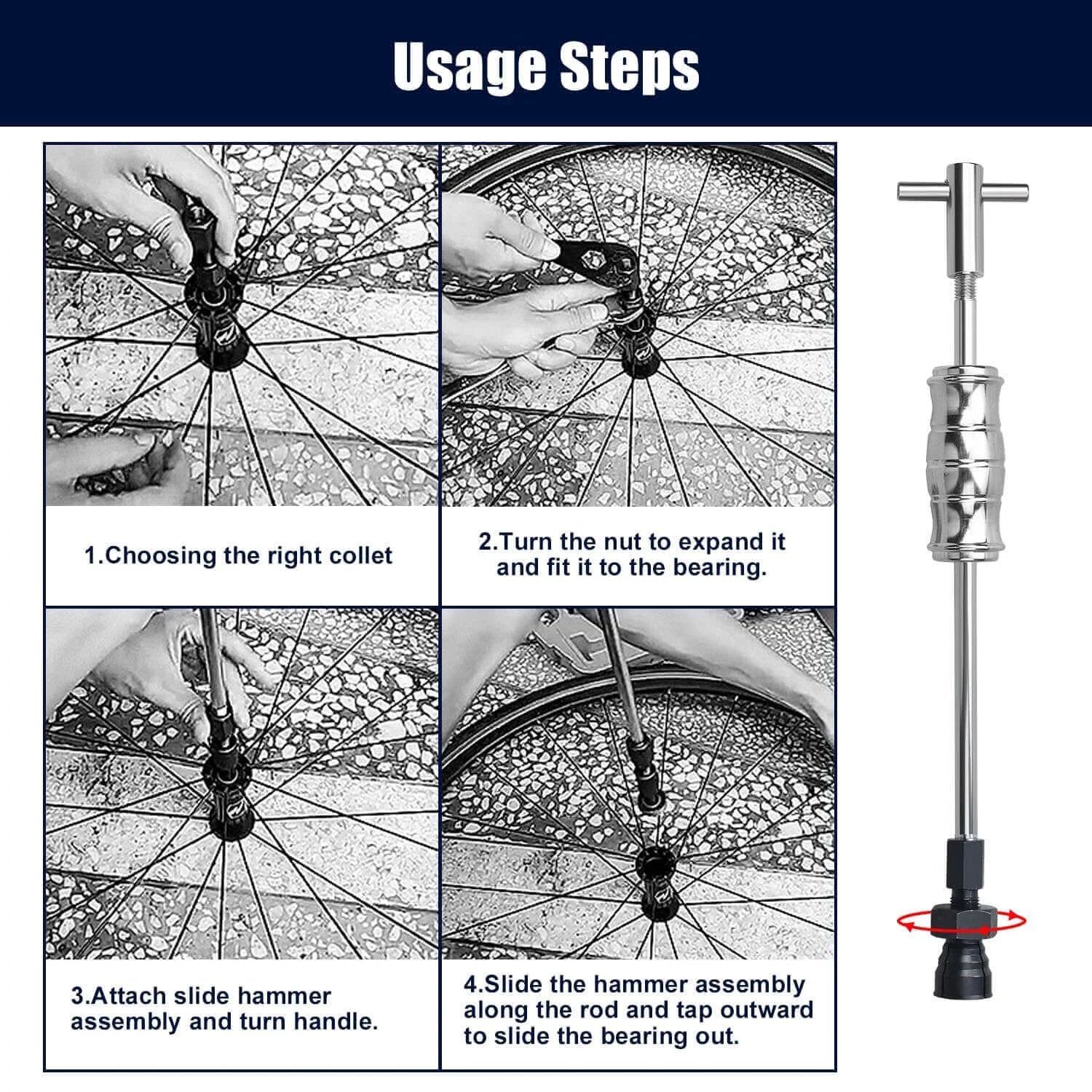 Usage steps for 13pcs Blind Hole Collet Bearing Puller Set, Internal Bearing Extractor Puller Kit with expandable collets and slide hammer