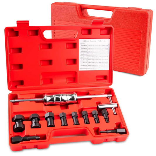 12pcs Blind Hole Collet Bearing Puller Set with Slide Hammer and Expandable Collets 8-32mm in red carrying case.