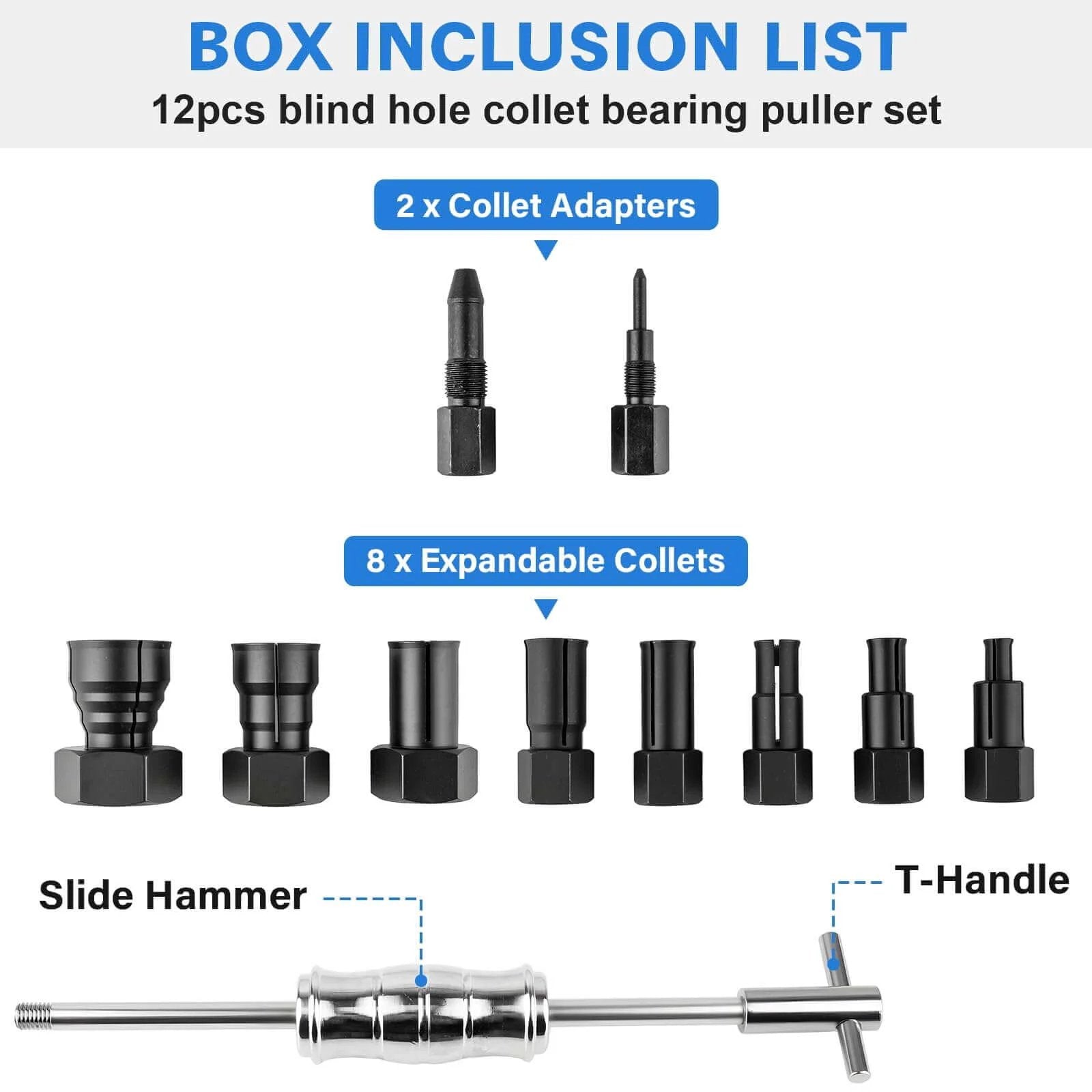 Box inclusion list showing parts of the 12pcs Blind Hole Collet Bearing Puller Set with Slide Hammer and Expandable Collets 8-32mm.