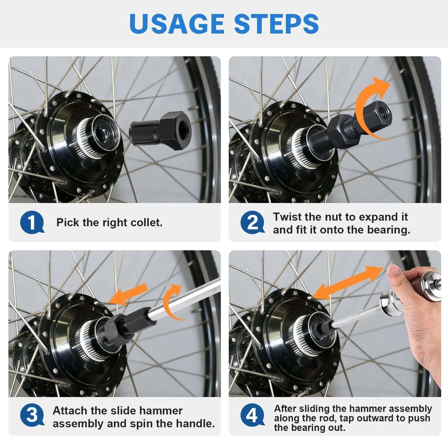 Step-by-step guide using 12pcs Blind Hole Collet Bearing Puller Set with Slide Hammer and Expandable Collets 8-32mm for wheel bearings