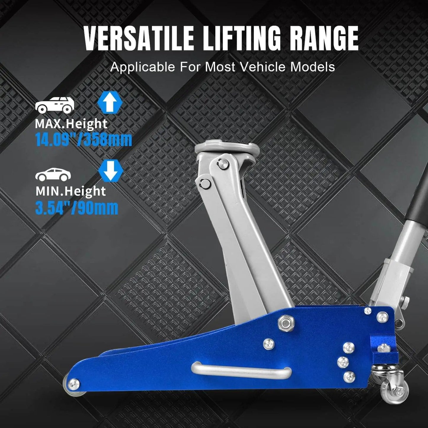 Low Profile 1.5 Ton Aluminum And Steel Floor Jack With Dual Piston Quick Lift Pump For Cars Lightweight Blue Racing Hydraulic Floor Jack With Side Handle By Big Red showing lifting range.