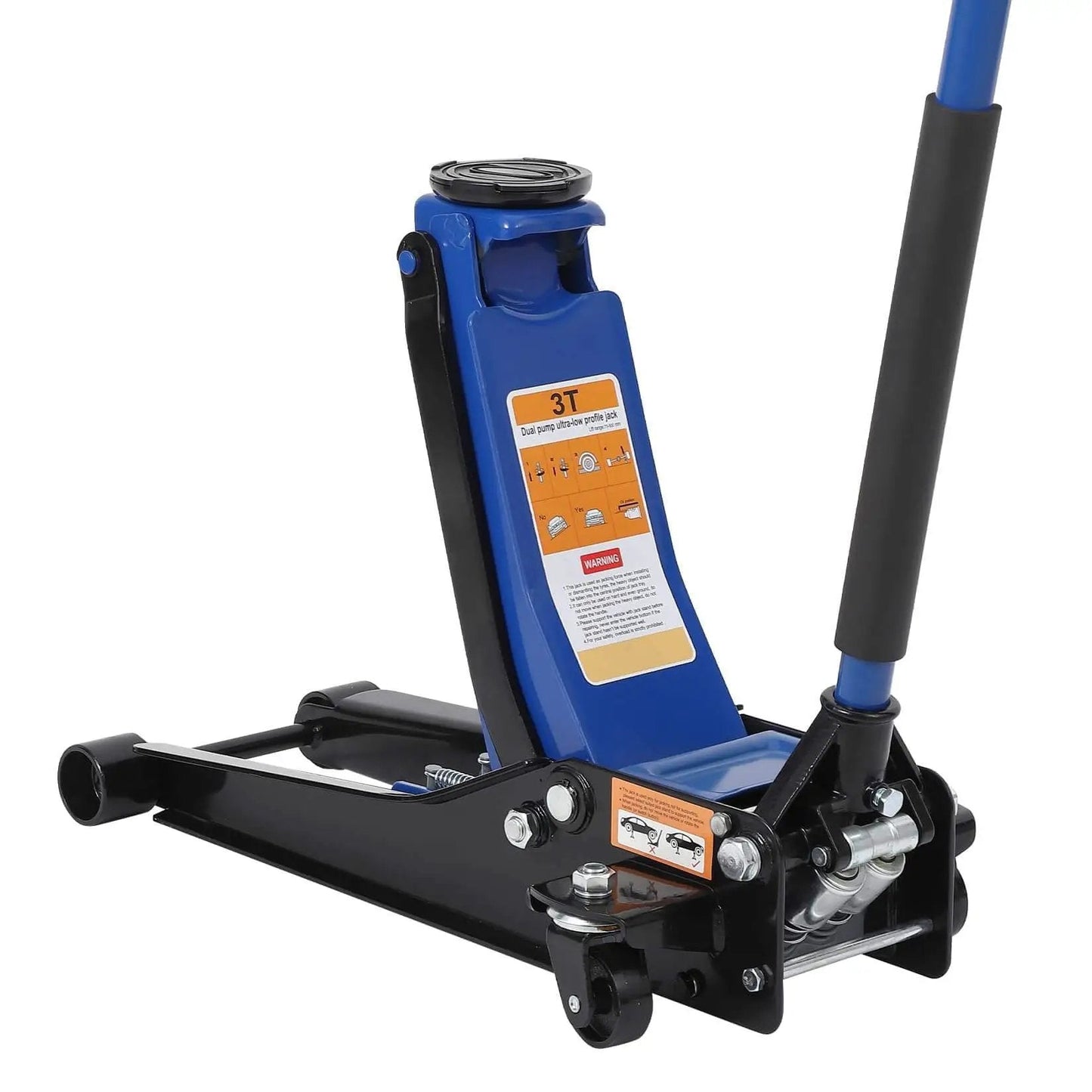 Low Profile 3 Ton Hydraulic Floor Jack With Dual Piston Quick Lift For Cars Trucks SUVs GarveeTech Lift Range From 3 Inches Up To Nineteen And A Half Inches Heavy Duty Steel Construction Blue on white background.