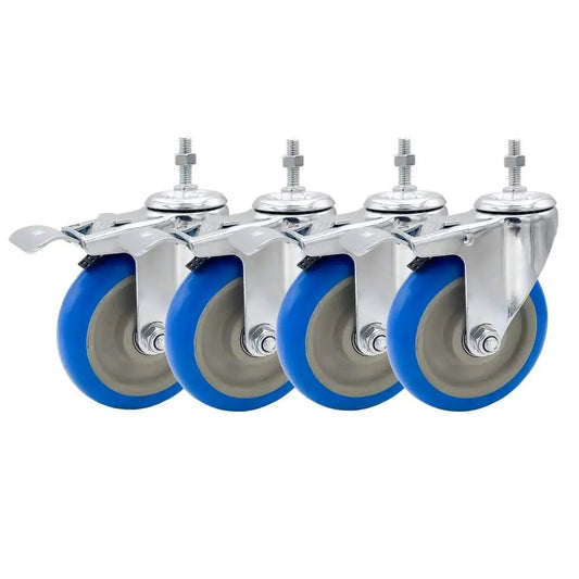 Heavy Duty Five Inch Blue Caster Wheel With Dual Locking Brake For Three Eighths To One Point Two Inch Threaded Stem Mounts