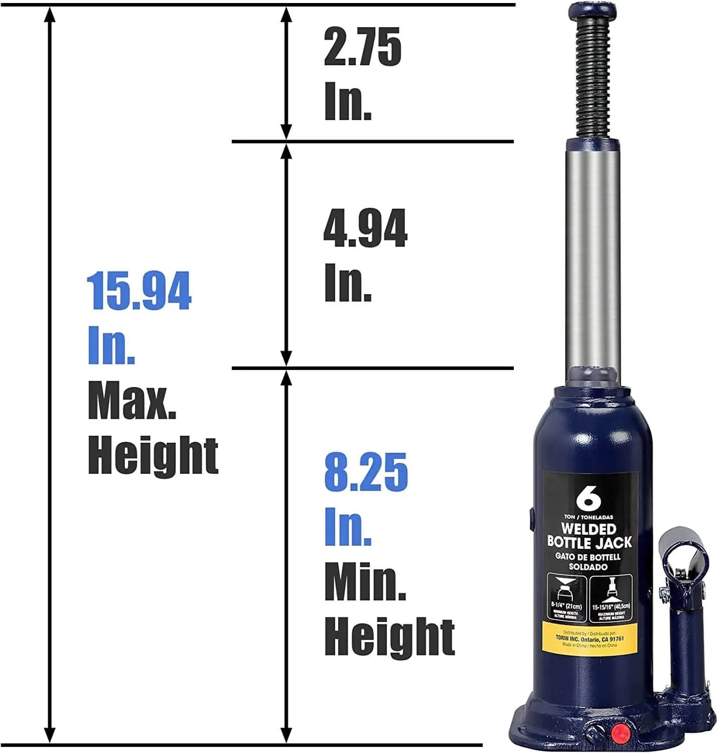 Front view of Beefed Up 6 Ton Hydraulic Bottle Jack For Cars Trucks And SUVs By Torin with height measurements displayed.