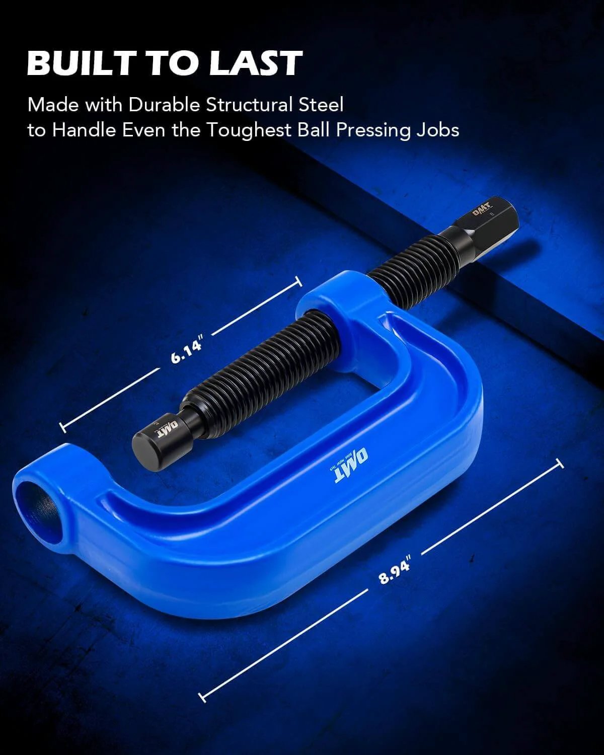 Ball Joint Press Kit, 21-Piece Ball Joint Removal Tool, close-up of blue C-clamp with measurements, for 2WD and 4WD vehicles