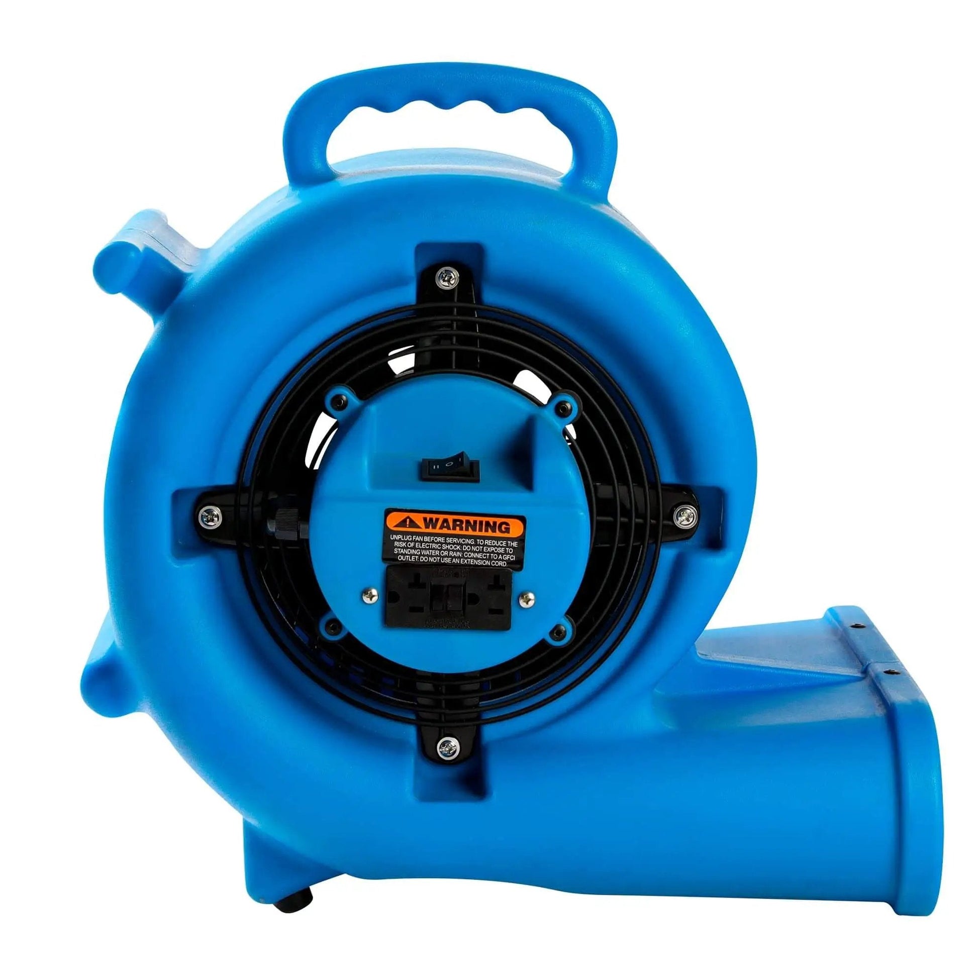 Side view of blue Powerful One Third HP Air Mover Blower With 2000 CFM For Floors And Carpets 3 Speed Dual GFCI Outlets