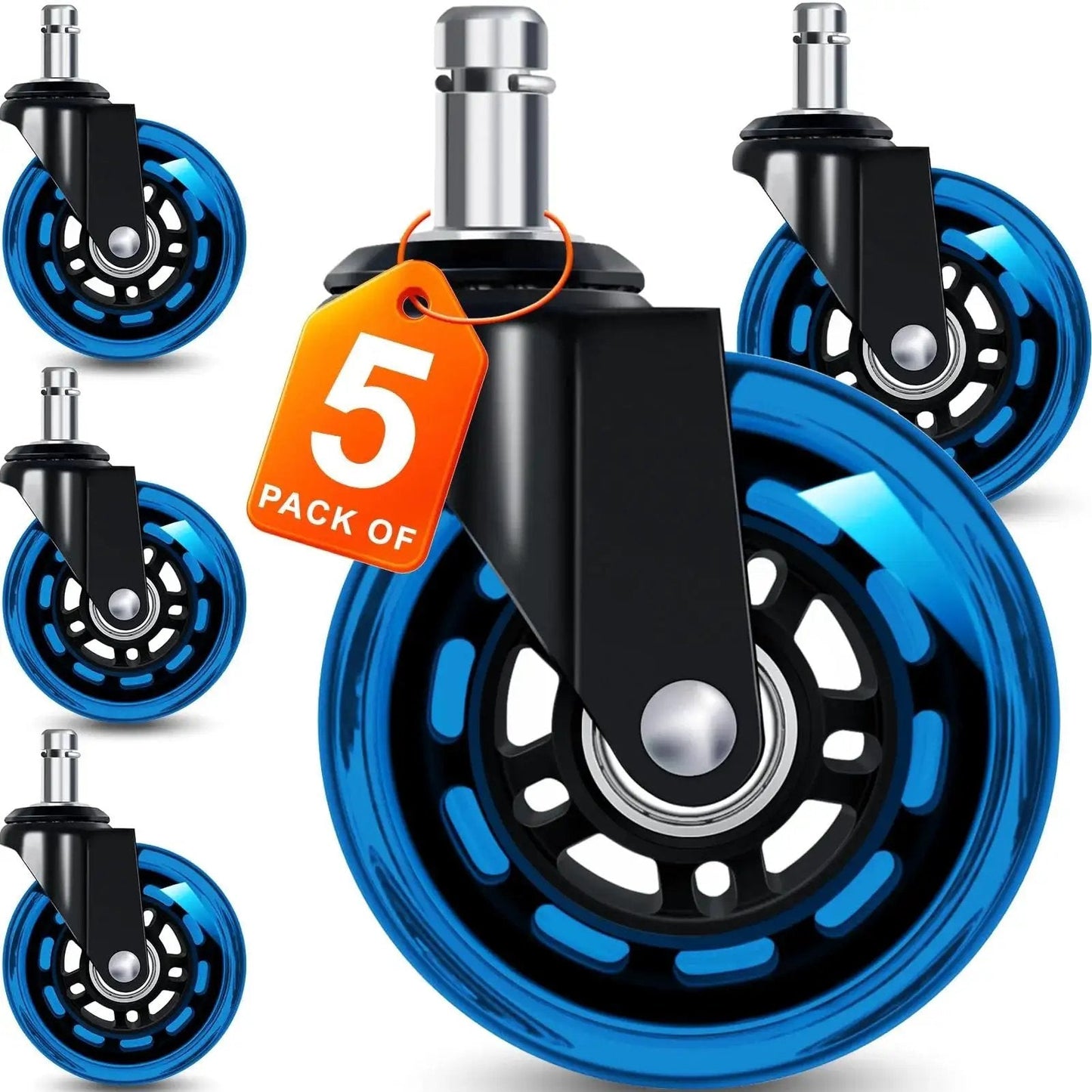 Office Chair Wheels Replacement Set Of Five 3 Inch Soft Non Marking Polyurethane Casters For All Floors Including Hardwood And Carpet Delivers Smooth Quiet Glide For Desk Chairs Blue, shown as a pack of five blue wheels.