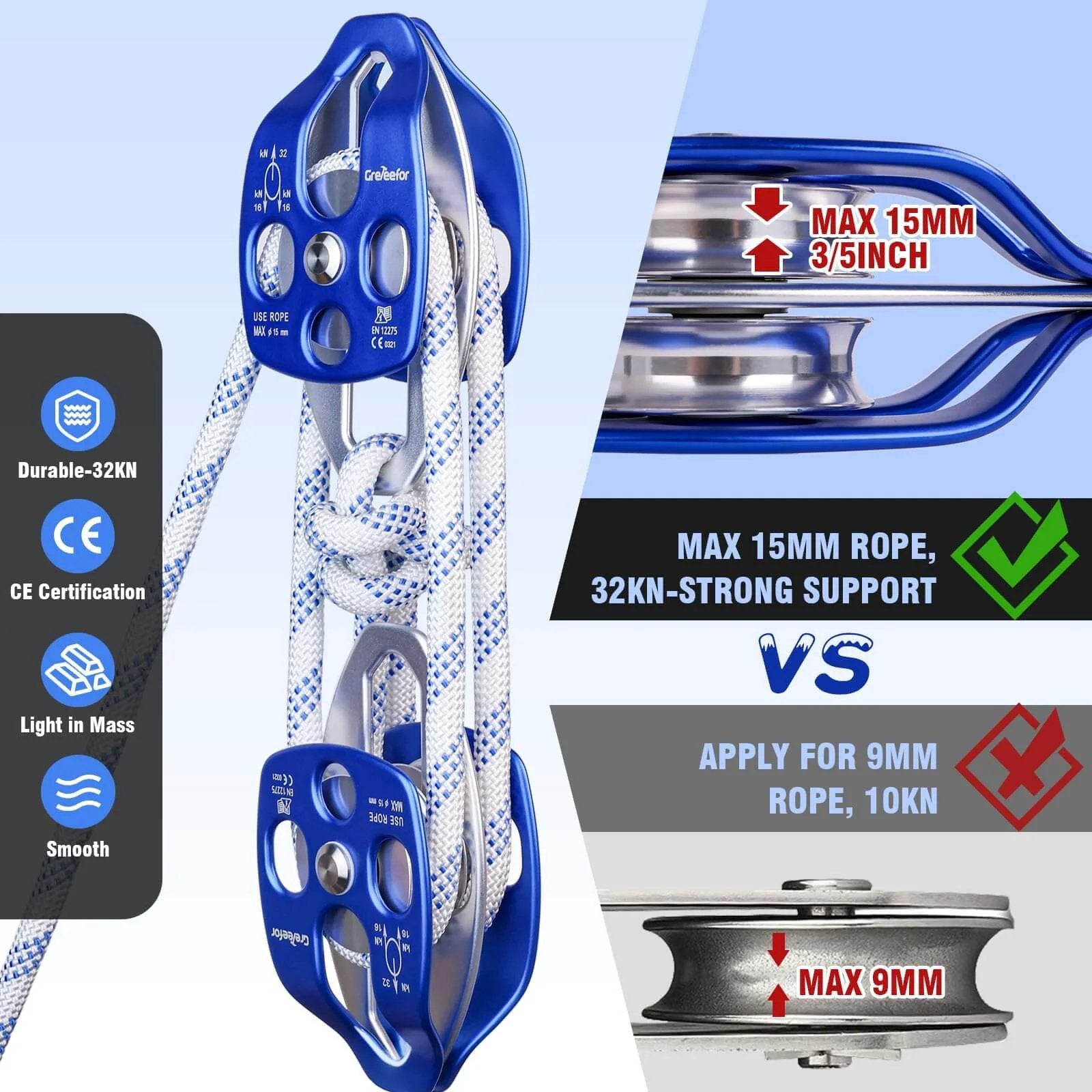 Double Block and Tackle Pulley System with 150Ft x 1/2'' Rope Pulley 7700 LB(35KN) Breaking Strength, durable design.