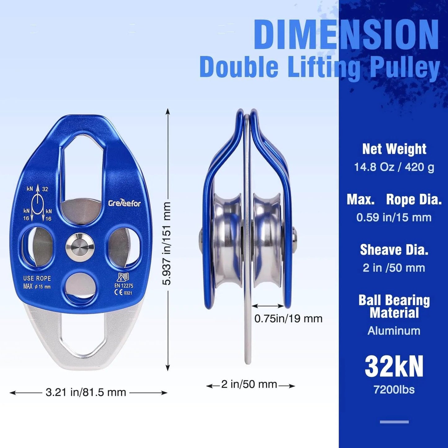 Heavy-Duty Double Block and Tackle Pulley System dimension details, blue aluminum, 32kN strength, front and side view.