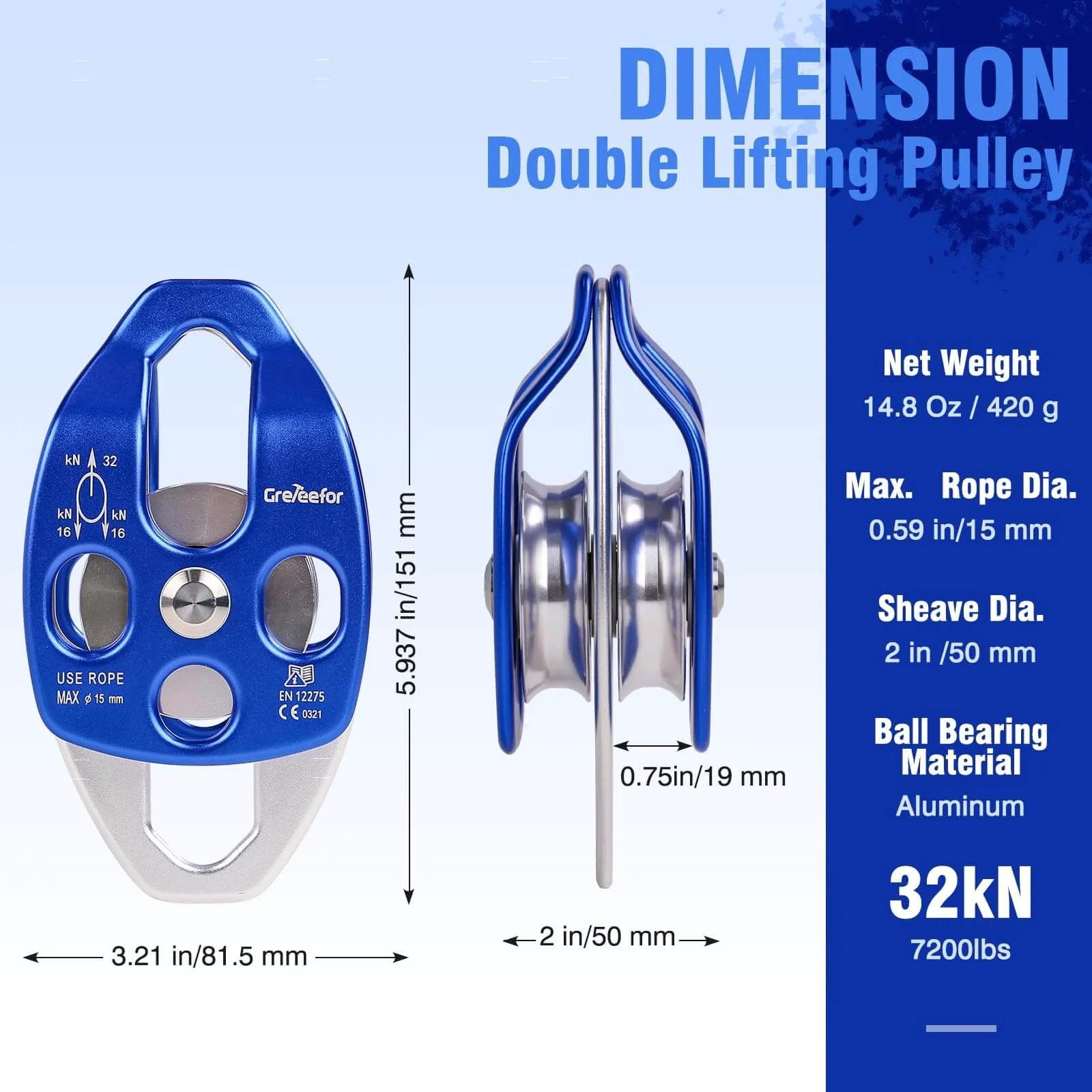 Heavy-Duty Double Block and Tackle Pulley System dimension details, blue aluminum, 32kN strength, front and side view.