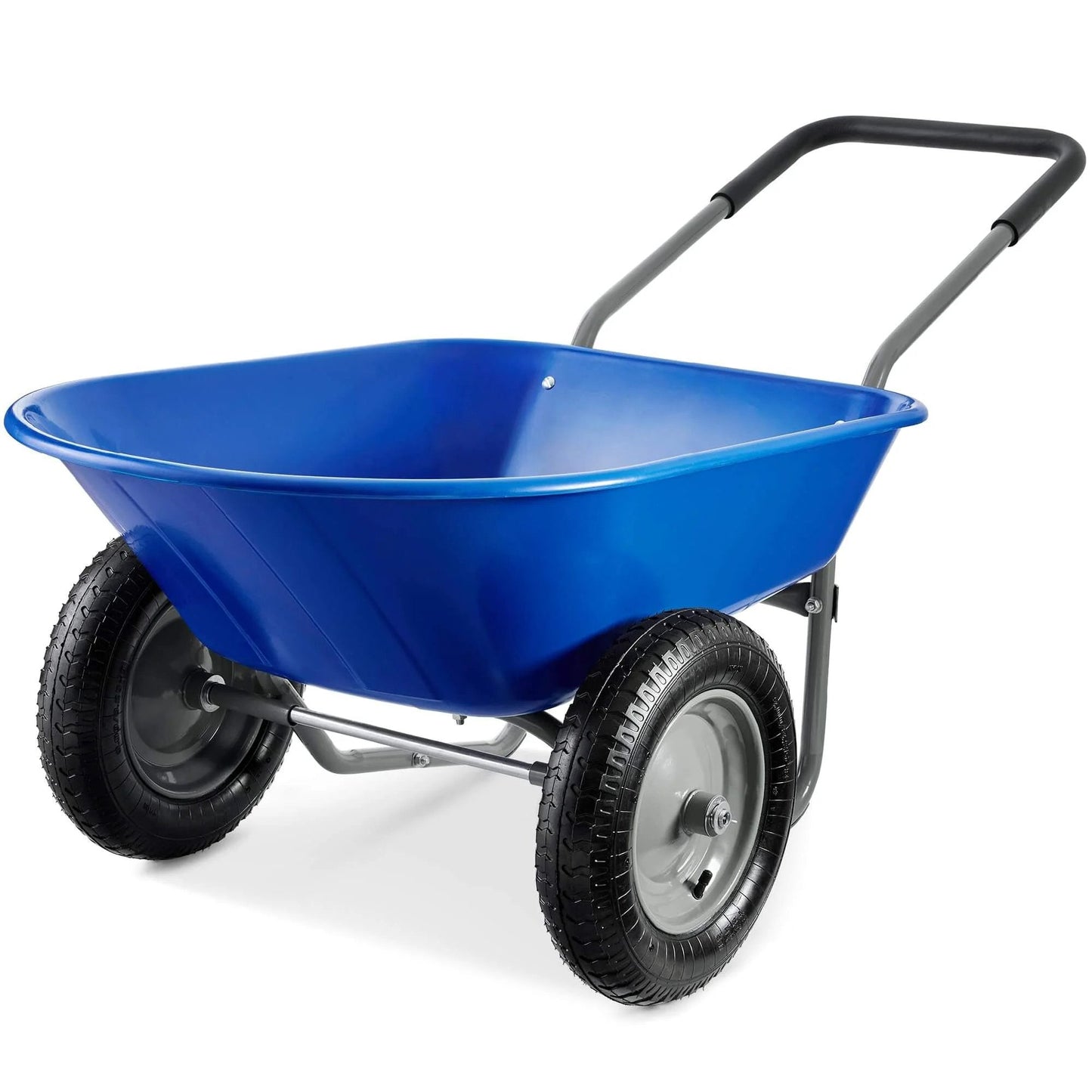 Dual Wheel Home Utility Yard Wheelbarrow Garden Cart with Built In Stand 5 Cubic Foot Capacity 330 lb Load Blue for Lawn Gardening Landscaping and Construction