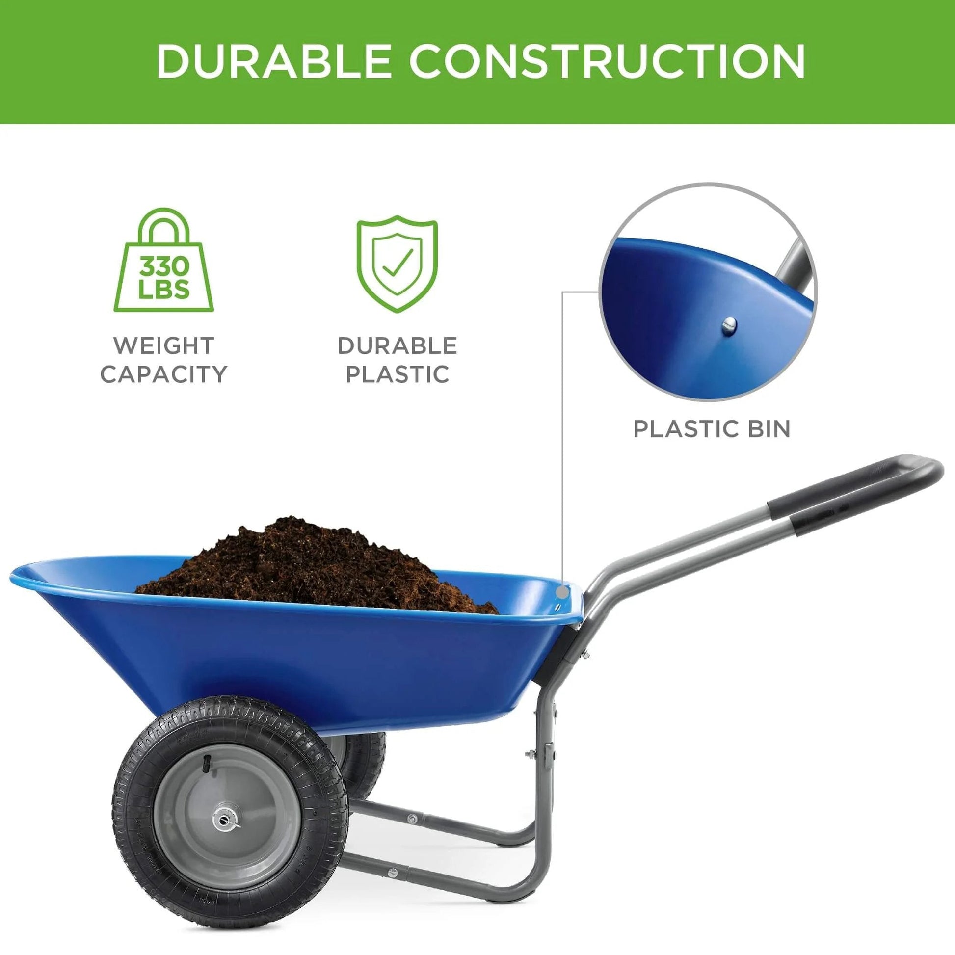 Dual Wheel Home Utility Yard Wheelbarrow Garden Cart with Built In Stand 5 Cubic Foot Capacity 330 lb Load Blue Side View