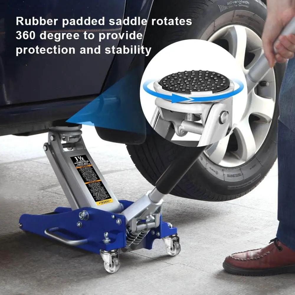 Low Profile 1.5 Ton Aluminum And Steel Floor Jack With Dual Piston Quick Lift Pump For Cars Lightweight Blue Racing Hydraulic Floor Jack With Side Handle By Big Red lifting a car