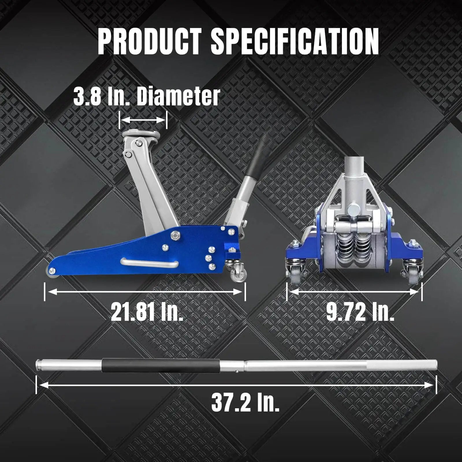 Low Profile 1.5 Ton Aluminum And Steel Floor Jack With Dual Piston Quick Lift Pump For Cars dimensions and side view