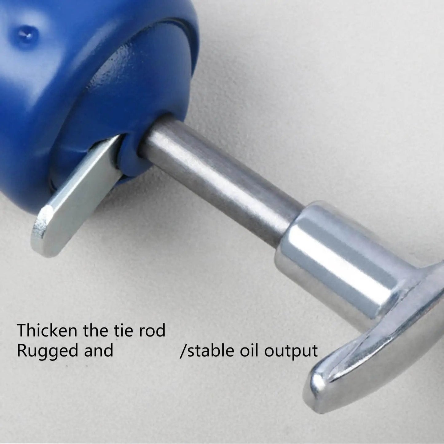 Close-up of blue and silver tie rod mechanism, showcasing stability feature, labeled with 'Thicken the tie rod' and 'stable oil output' text.