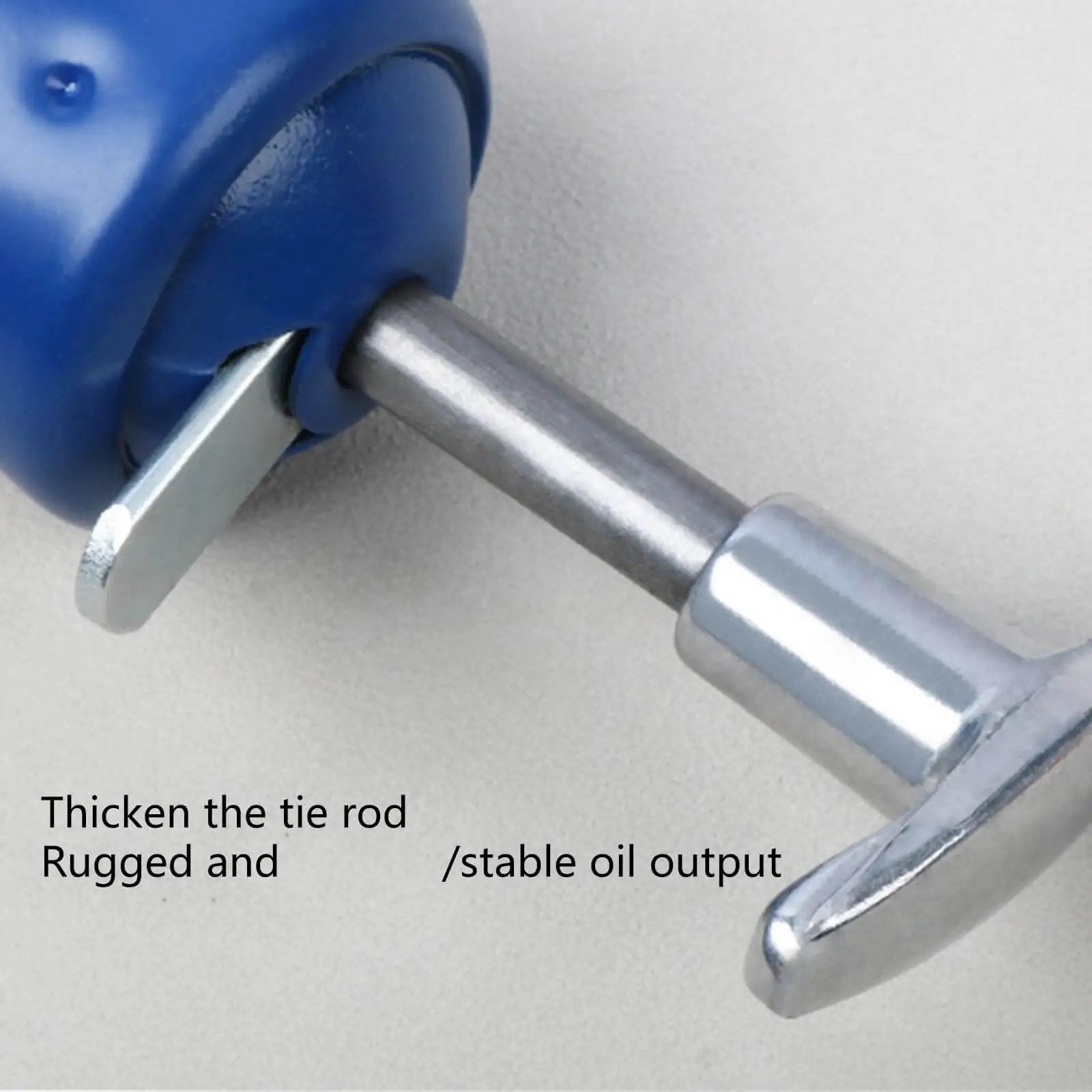 Close-up of blue and silver tie rod mechanism, showcasing stability feature, labeled with 'Thicken the tie rod' and 'stable oil output' text.